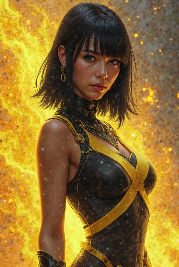 ((Quality: masterpiece, best quality, UHD, anatomically correct, photo realism, textured and detailed skin, skin pores, skin imperfections, textured and detailed hair, volumetric lighting)), time-traveling scientist black woman, African woman, blending elements of both past and future fashion trends, neon colours, neon signs