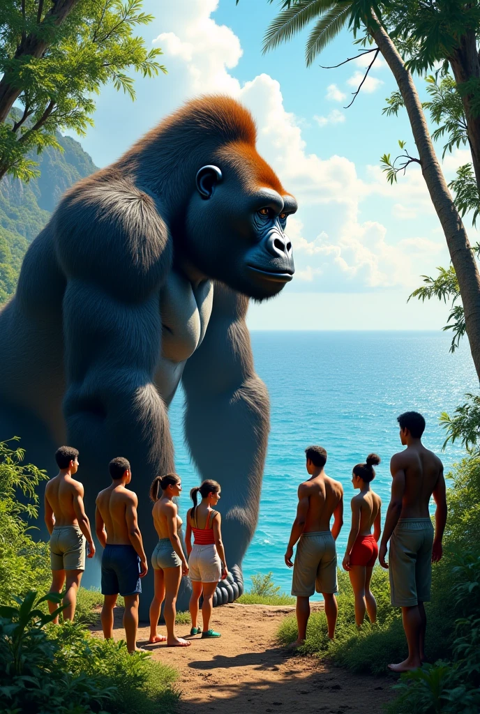Masterpiece. High action. Giant ape chasing a woman on a beach by the jungle.