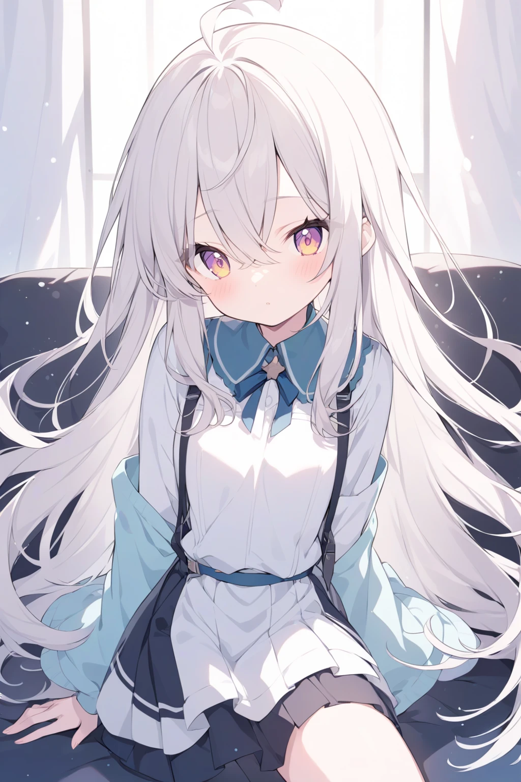 top-quality、masterpiece、Little Girl、Cat's ears、silber hair、Longhaire、Light blue eyes、a sailor suit、a miniskirt、maid clothes、Mass frills、PastelColors、extremely cute anime girl face、Moe Art Style in Anime、With a sad look、she has a cute expressive face、Fluffy and spreading hair