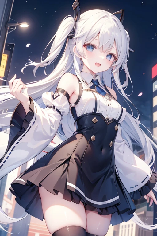 1 Girl, baby blue eyes, nose, eyebrow, ear, big white hair, blue hair locks, bangs, eye hair, sexy anime white rabbit outfit, big chest, standing, background scenery, in a nightclub, lights colorful, ambient detail, ultra-detailed
