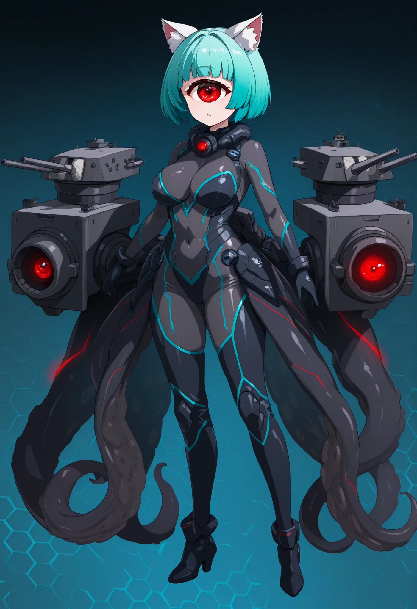 Scylla style girl. Cyclops eye. Sci-fi style bodysuit. Navy blue and black costume. Honeycomb pattern bodysuit. Fusion with battleship. Turret. Black tentacles. Red glowing lines. Aqua colored hair. Short hair. Mechanical cat ears. Pert breasts.