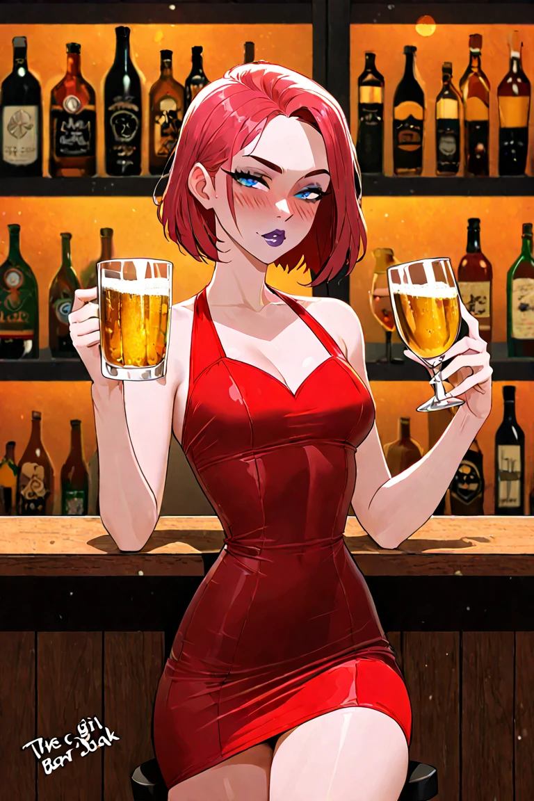 Masterpiece, best quality, 8k, Houdini render, beautiful women, slim figure, 80s style, big boobs, nice body, standing in bar, in red dress, deep cleavage, bottles in background
