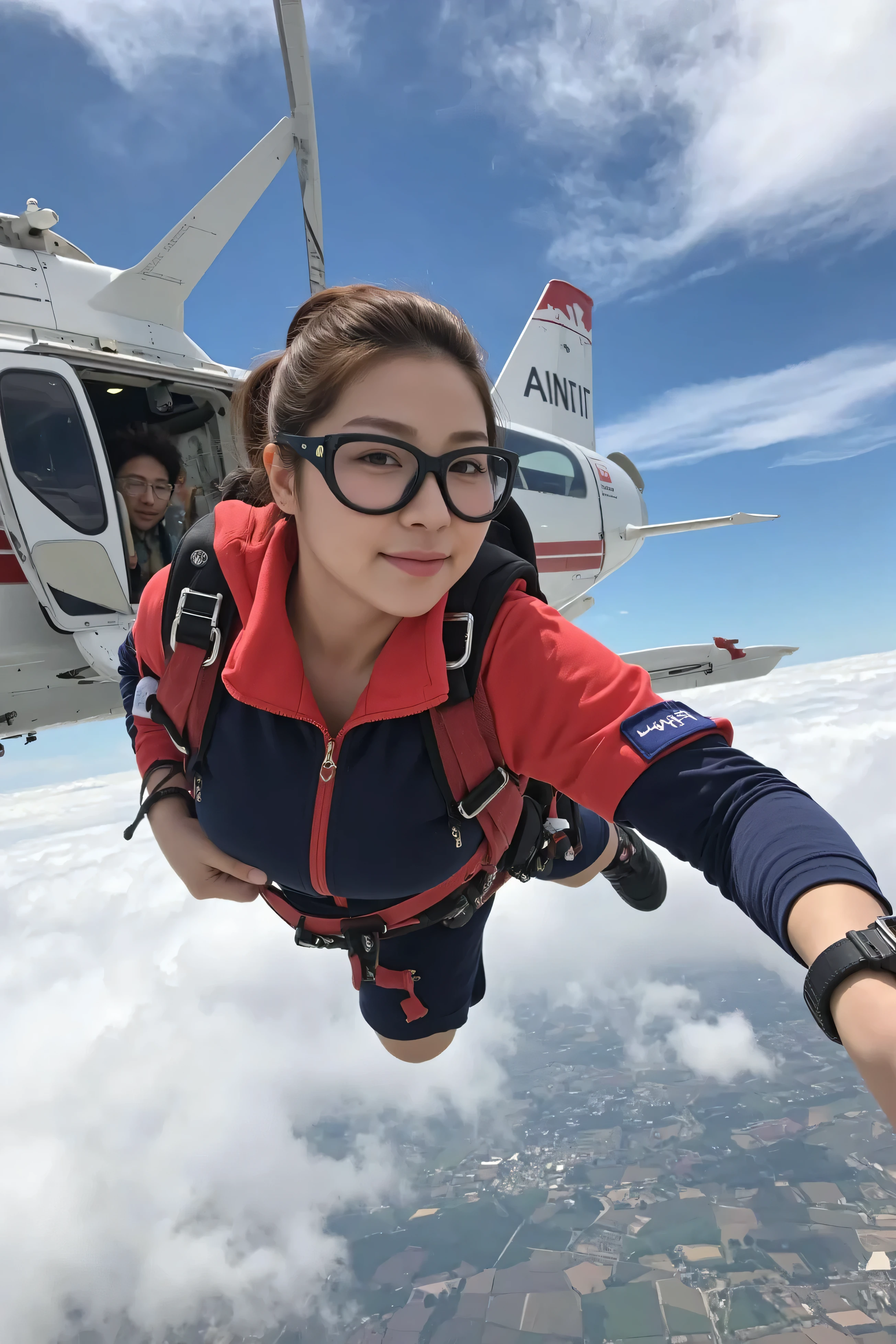 (( top quality)), ((傑 top quality、 masterpiece、high sensitivity、 high resolution、 detailed depiction of the entrance、 Delicate Face Description )) Slender Woman、glass、 Aerialの背景、In the sky、Aerial、Skydiving、Skydivingをしてる最中、is flying、With a happy smile、black glasses、Big Breasts、
