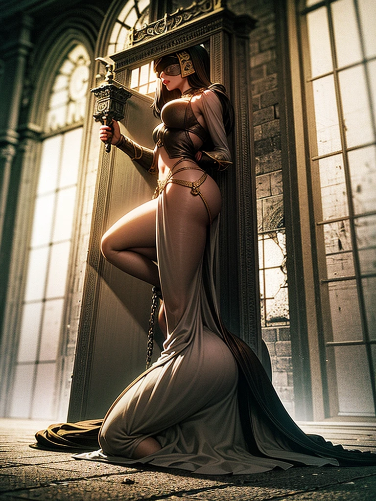 ((fantasy art)), extreme sensuality, stunning, expertly detailed, epic, powerful, deep shadows. a legendary female warrior with short golden hair stands in the center of a dark dungeon, she is hanging from chains attached above her head so her feet don't touch the ground, her legs are stretched out and apart from each other. we see her whole body and her whole legs and feet. every inch of her body glistening with sweat to the point of running down her body, her body is incredibly sensual, seductive and beautiful. she is very sexually aroused and is completely naked with only a few rags. topless, very large breasts and her nipples are incredibly large and horny. there are piercings on her large nipples. her arms are fully extended above her head her lips are thick, pouty and shiny and her mouth is open she is standing and her legs are fully extended and wet with sweat she floats without touching her feet do not touch the dirt floor dust. the dungeon is uninviting, dark, expertly detailed and mysterious. the shadows run deep and hide secrets that need to be discovered. we see skulls and chains on the dirty floor., ((best quality)), ((masterpiece)), (high resolution: 1.2), ((best quality)), ((masterpiece)), (high resolution: 1.2 ).