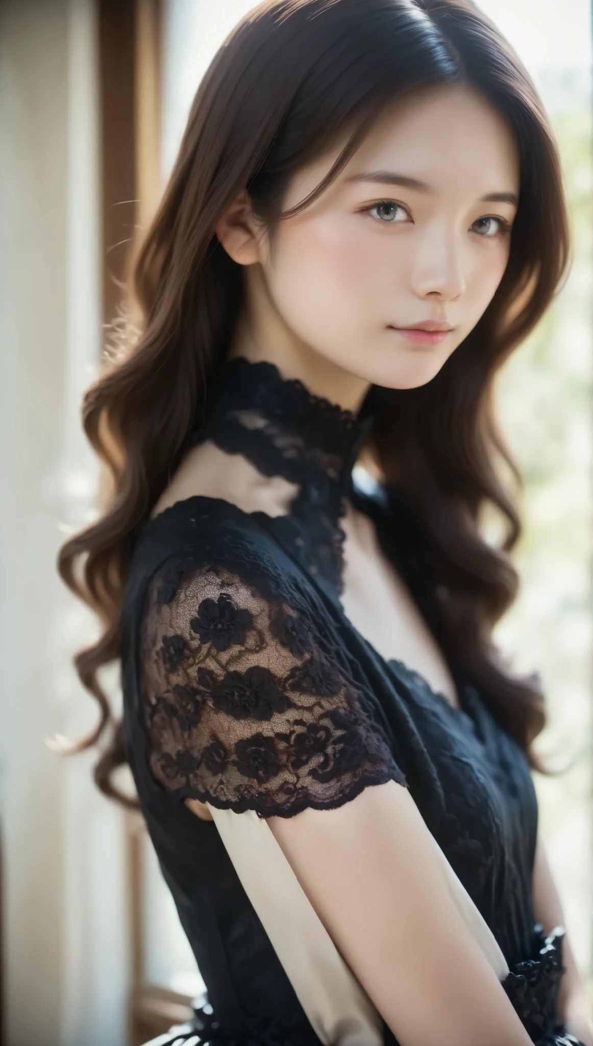 digital portrait, Japanese woman, Japanese girl, very young woman, Perfect Anatomy, A realistic depiction of the correct human body, RAW photo, one girl, Gentle grey eyes, Fatigue, smaller bust, thin waist, long brown hair before, (((elegant black lace-like a-line dress, dense artistic lace black a-line dress, Beautiful Dress , Super Luxury Dress)))、Best Quality, super resolution, Masterpiece:1.5, Medium depth of field, 50mmlens,