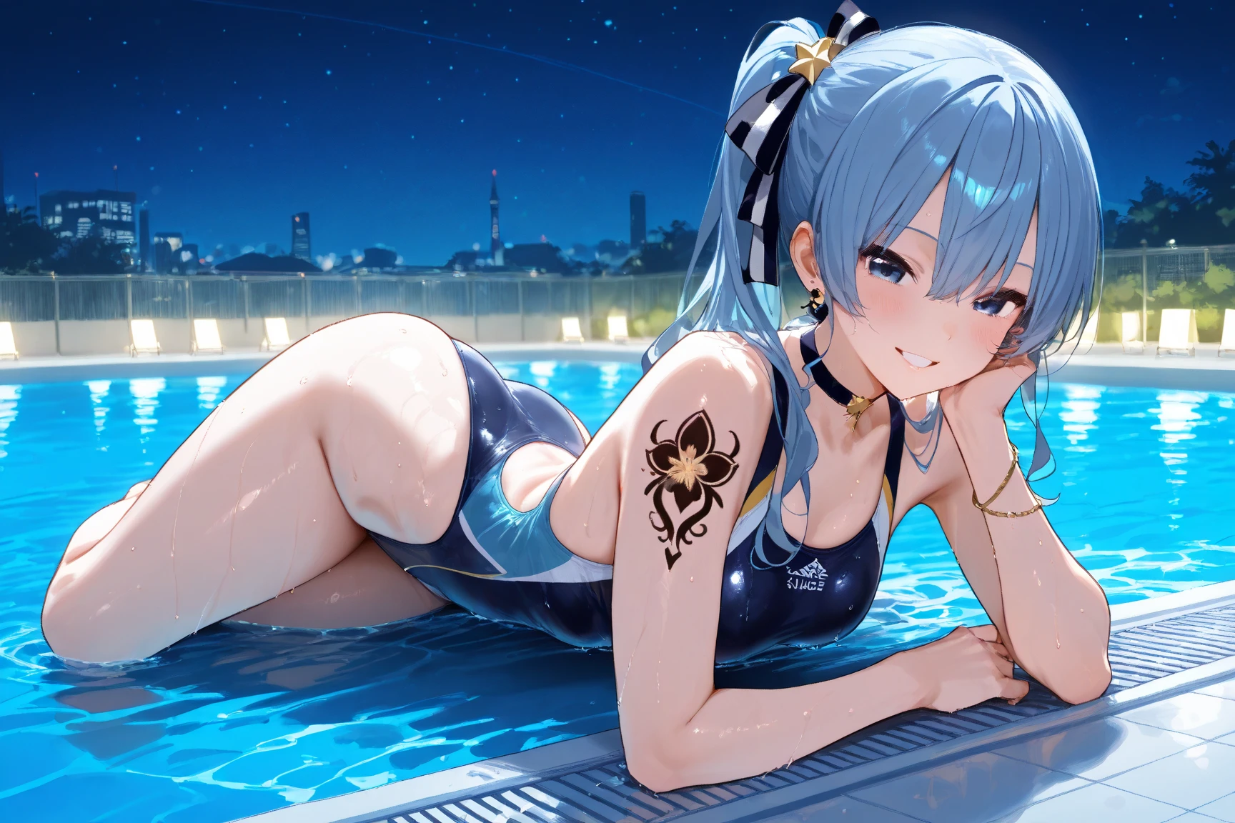 (Masterpiece, top quality, super detailed CG, ultra detailed beautiful face and eyes,super detailed, intricate details:1.2), 8k wallpapers, elaborate features,
(1 person, solo:1.4)perfect cartoon illustration,(1 person, solo:1.4),
1 girl, night pool, swimwear, full body illustration