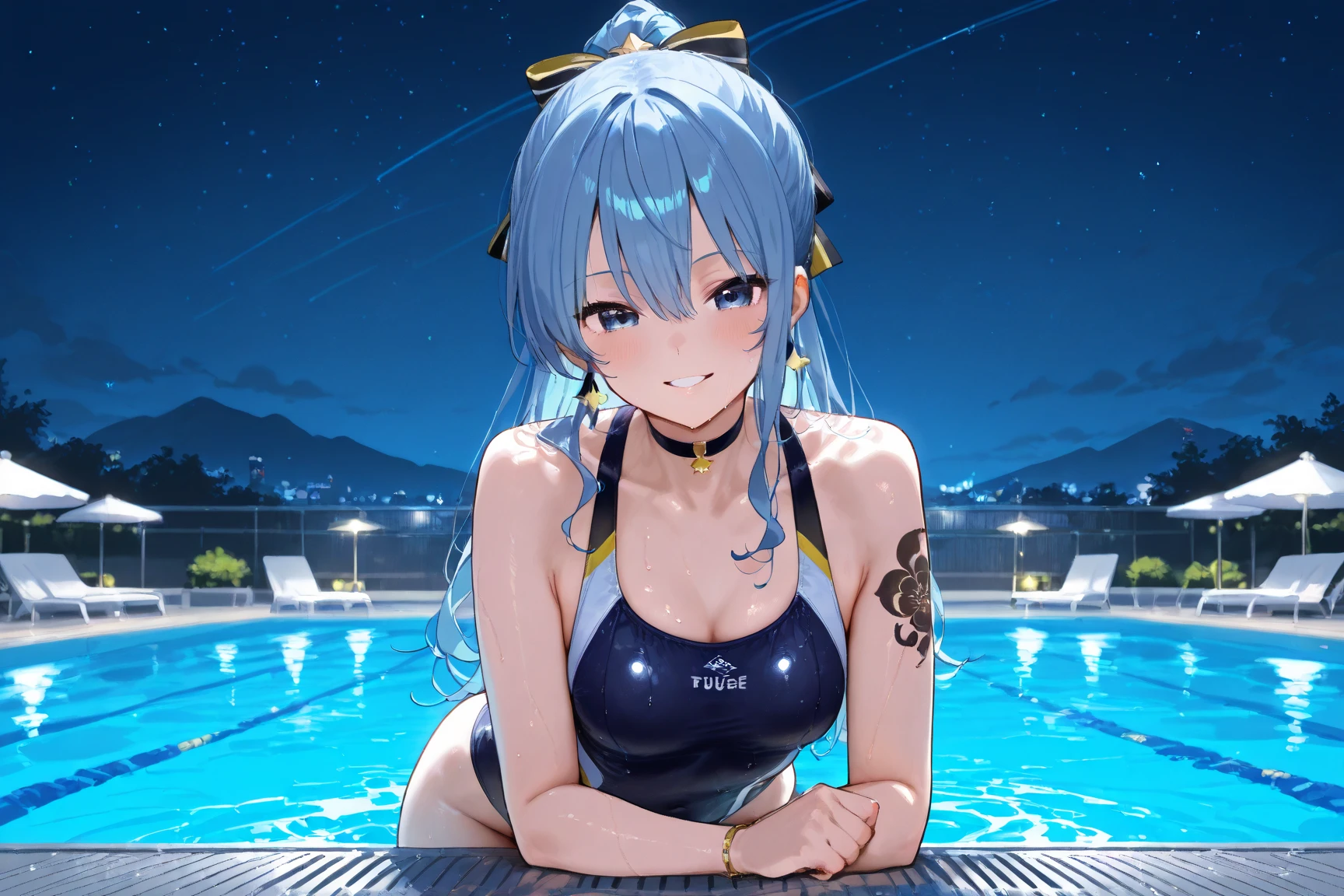 masterpiece, best quality, highres, akali1, 1girl, solo, blonde-blue hair, k/da \(league of legends\), multicolored hair, blue eyes, two-tone hair, medium breasts, poolside, micro bikini, smile, sitting