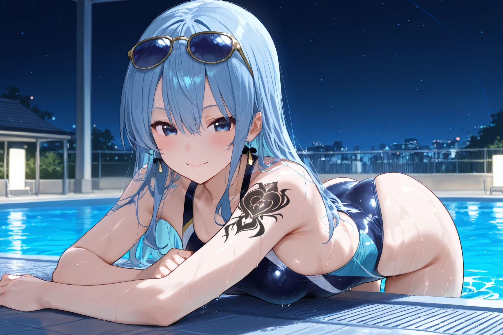 Imperial Guard Combat Uniform Swimsuit, o-ring bikini, v gundam, swimsuit, absurdres, highres, solo, cowboy shot, 1girl, neneka nibrou \(cosplay\), wristband, headphone, holster, backpack, holding gun, aiming, perfect hands, wind, (highres,best_quality,masterpiece), medium breast, ciel_(tsukihime), blue hair, blue eyes, short hair, (((ocean background, sea background))), (((lying down on water, lying down)))