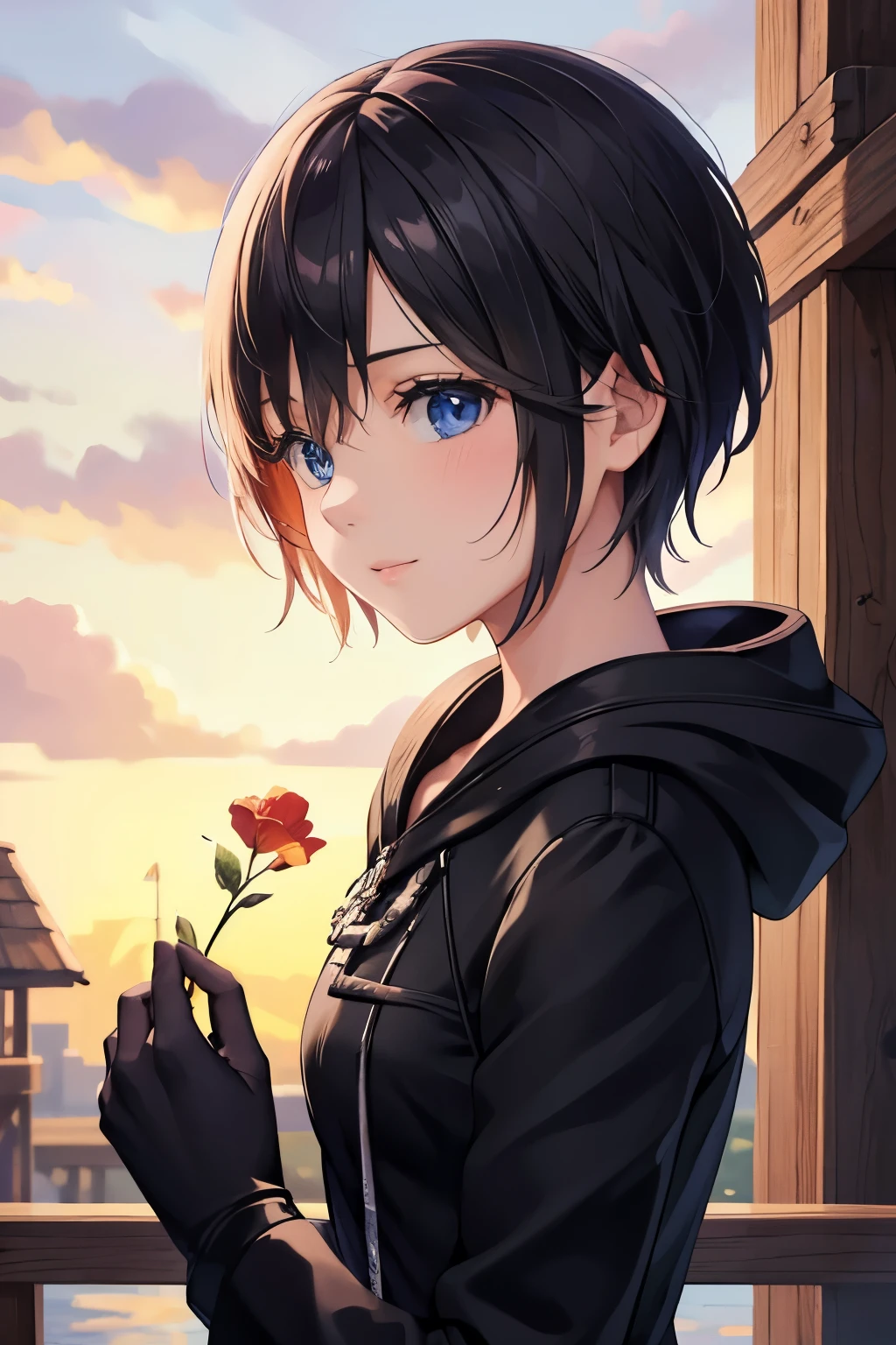 (8k, raw photo, masterpiece, extremely detailed, best quality, professional lighting, high res), BREAK beautiful and adorable girl, aaxion, short hair, hood, black coat, hooded coat, zipper, long sleeves, black gloves, BREAK close up model, BREAK town, nostalgia, fantasy, sunset, twilight, outdoor