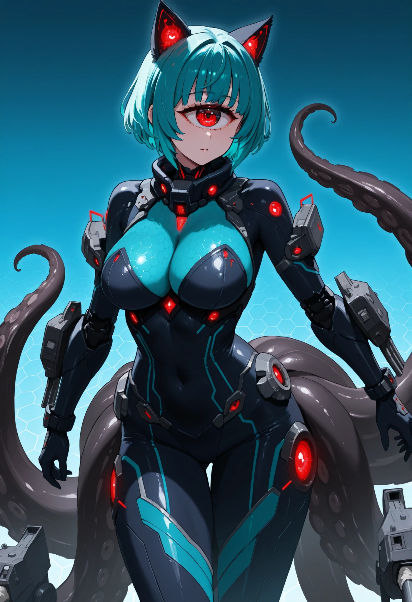 Scylla style girl. Cyclops eye. Sci-fi style bodysuit. Navy blue and black costume. Honeycomb pattern bodysuit. Fusion with battleship. Turret. Black tentacles. Red glowing lines. Aqua colored hair. Short hair. Mechanical cat ears. Pert breasts.