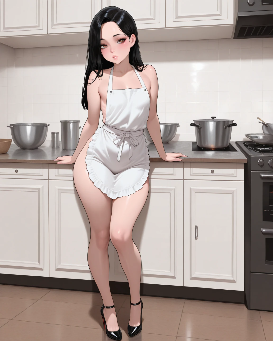 beautiful girl,  long black hair, bangs, rounder face, droopy nose tip, small round red lips, round cheeks, intense dark round asian eyes, beauty spot above eyes, average body, flat body, ((full body)), ((nude)), barefoot, standing in kitchen