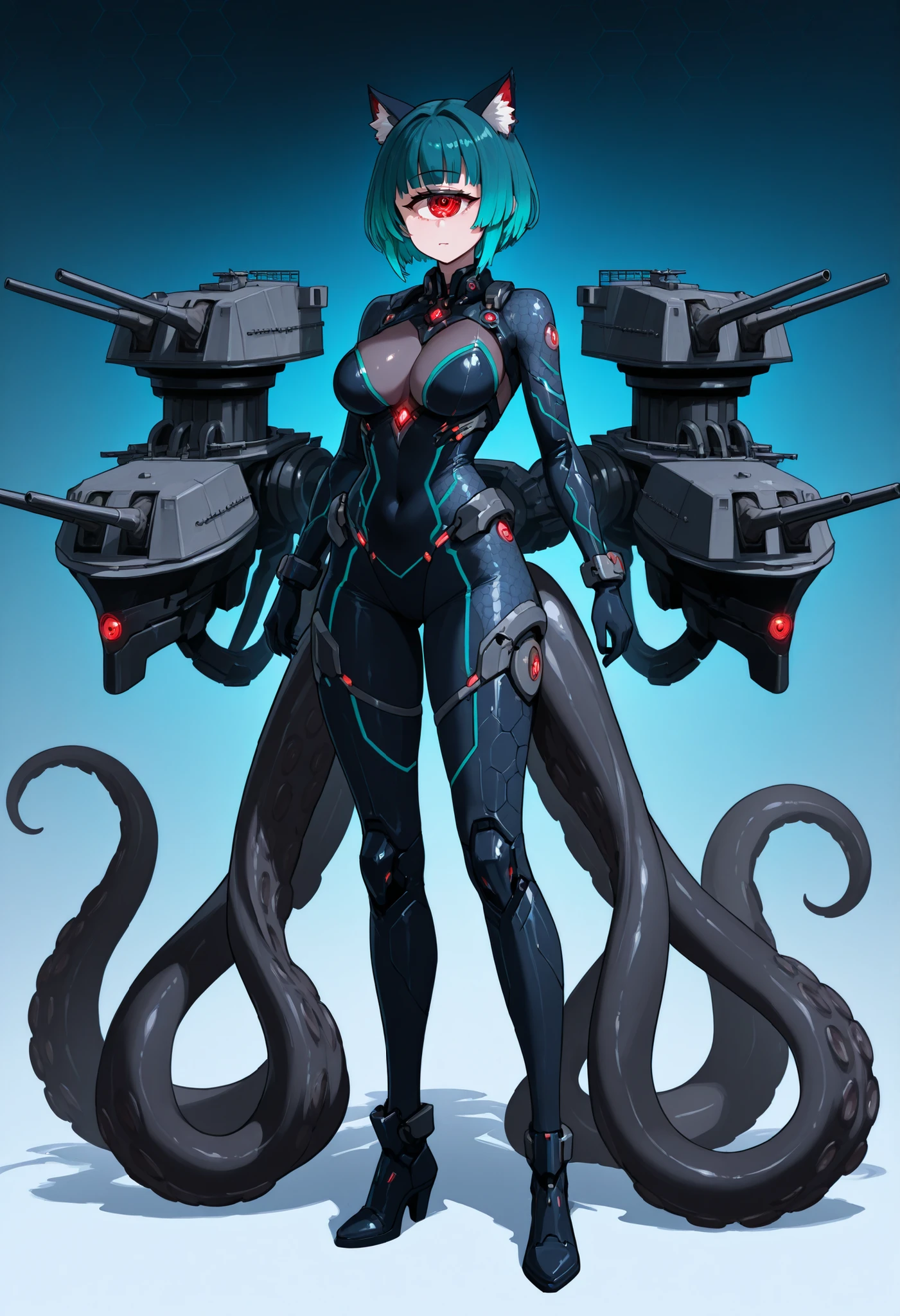 Scylla style girl. Cyclops eye. Sci-fi style bodysuit. Navy blue and black costume. Honeycomb pattern bodysuit. Fusion with battleship. Turret. Black tentacles. Red glowing lines. Aqua colored hair. Short hair. Mechanical cat ears. Pert breasts.