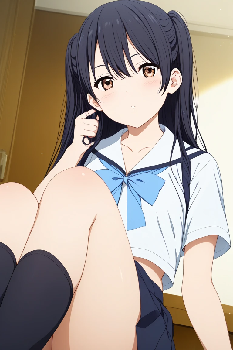 whole body,One girl,indoor,Bed,Troubled face,(whole body:1,0),(pussy cameltoe:1.0),Long legs,uniform,Blue sailor collar,White panties,squat,Squat,Spread your legs,M-shaped legs,Hands behind headで組む,Hands behind head,Beautiful thighs,barefoot,Looking at the audience, Anime Coloring,(((Reina Kosaka, Seraphim, Looking at the audience, Mouth closed, Blurred,(shape:0.8), (Fine and beautiful eyes:1.6), highly Detailed face, Perfect lighting, Extremely detailed CG, (Perfect hands, Perfect Anatomy),masterpiece,High resolution,Anime key visual,Fine and beautiful eyes,Highest quality,ユニティ 8K wallpaper,Ultra-dense skin,White skin,Highest quality, wallpaper,8K,Kyoto Animation,Highly detailed eyes,Growing Eyes,Detailed face,Hair with attention to detail,Highest quality,