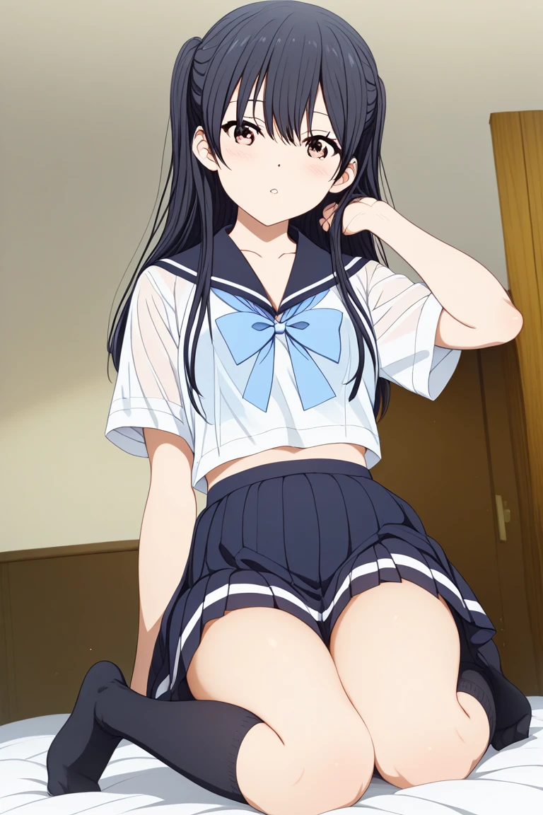 (2 girls) ,(old high quality) ,(Yukinoshita Yukino ,blue eyes), (Yuigahama Yui , brown eyes,big breasts),bed , embarrassed face,(low position),(Seen from below),school uniform,(check skirt),,(hold check skirt with hand),thighs,knee,(white panties),(pink panties),