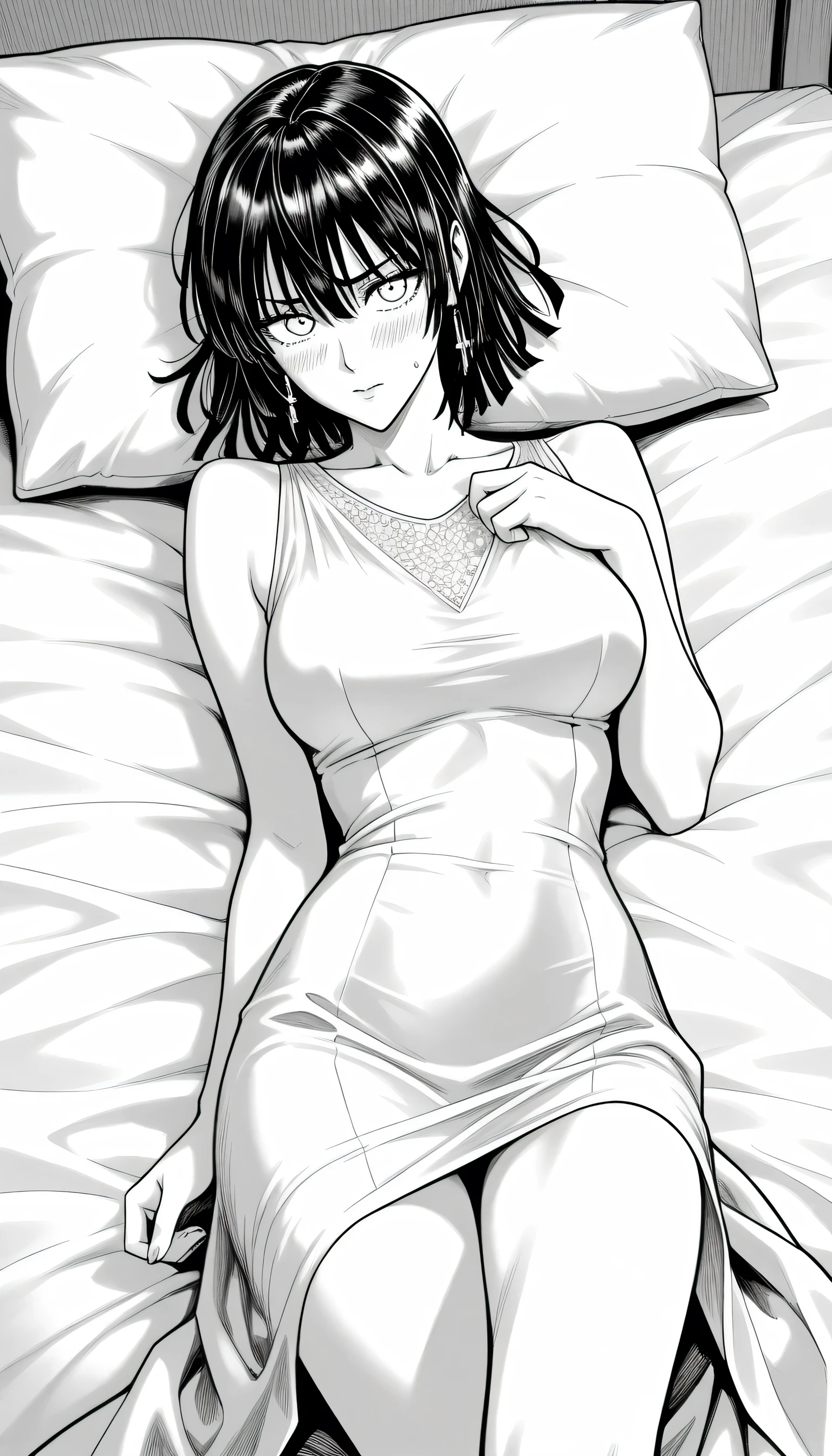 masterpiece, best quality, amazing quality, very aesthetic, intricate details, depth of field, BREAK.
monochrome, black and white, greyscale, screentones, halftone, ben-day dots, cross-hatching, hatching (texture), linear hatching, hatching \(art\), 
lie on bed , , (aged up:1.5),
BREAK.
blush, 
looking at viewer, embarrassed, ,
lie on back, lie on bed, contrapposto,  , 
nufe ,BREAK.
fubuki (one-punch man), 1girl, solo, white eyes, black hair, short hair, bangs, hair between eyes, medium breasts, BREAK,black tall party dress sleeveless, legs show off,