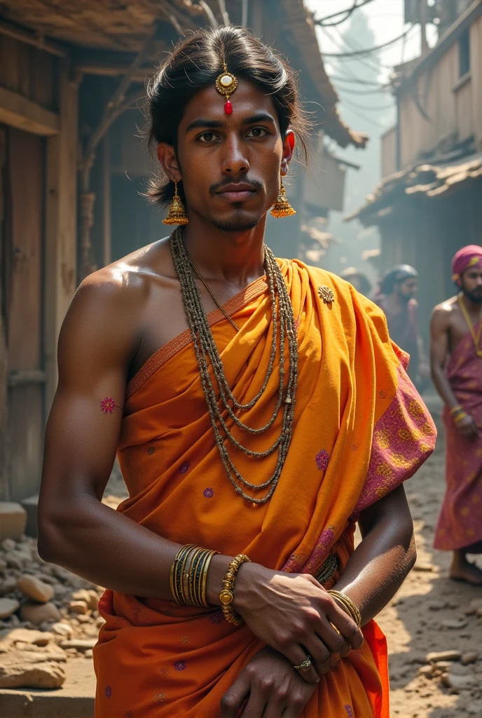 Make a white-skinned, white-eyed man with an afro hairstyle wearing a sari with a red border and grey shoes.