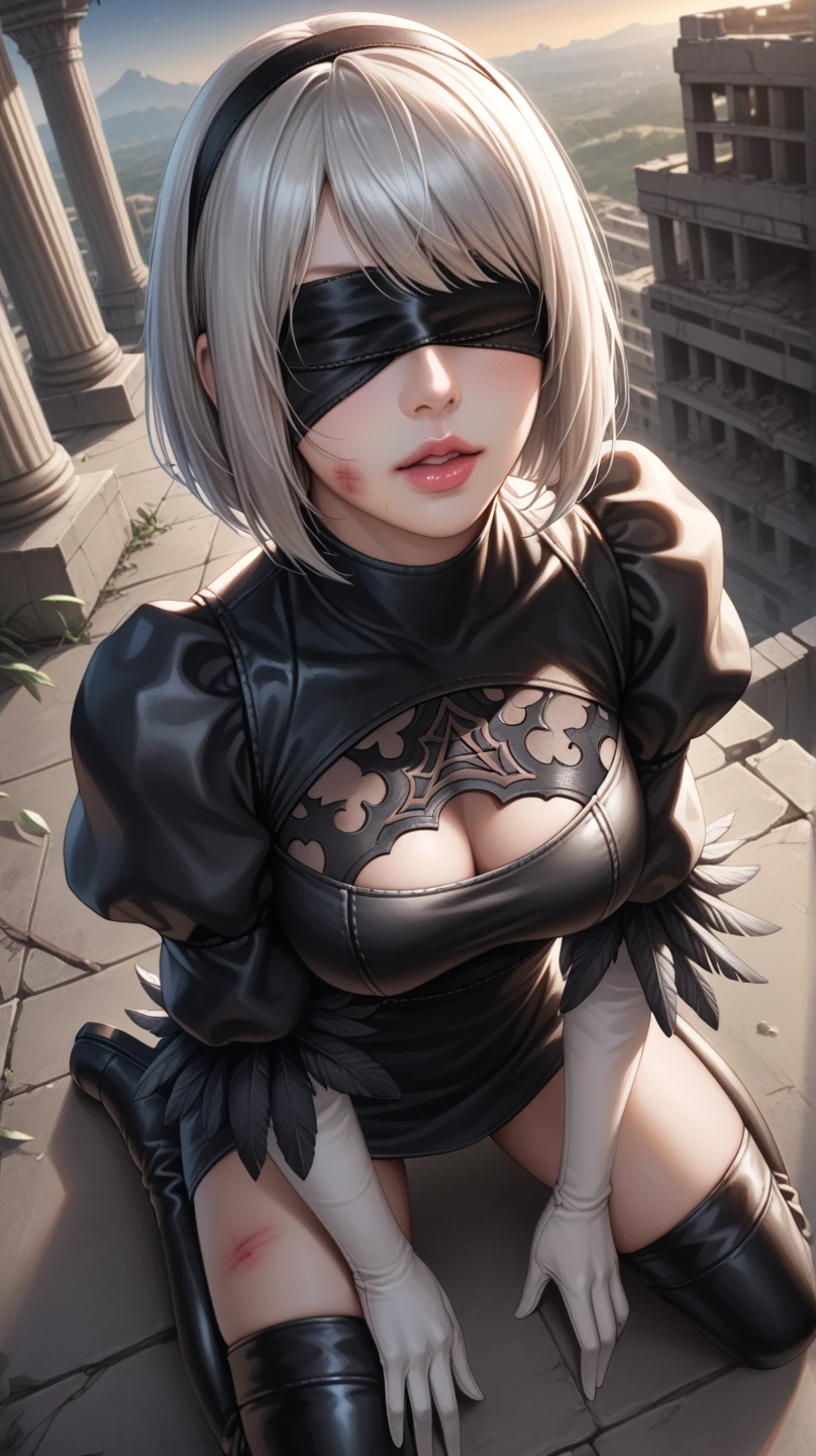 1girl, wlop, (blindfold), breasts, cleavage, cleavage cutout, dress cutout, green background, hair between eyes, headband, high resolution, juliet sleeves, long sleeves, nier (series), nier automata, fluffy sleeves, red lips, shadow face, short hair, solo, turtleneck sweater, upper body, l blue hair, sky, white fox ears, white fox tail, nine-tailed fox,