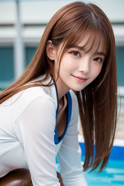 Realistic、Masseter region、Highest quality、High resolution、RAW Photos、Realistic、Bright lighting、Face Light、Smooth Professional Lighting、Japanese women、Beautiful woman、Modeled、gravure、sexy、so beautiful、Realisticで美しい肌、Beautiful and exquisite、Detailed face、slim、Large Breasts、Cleavage、Twin tails、Brunette Hair、Brown eyes、Looking into the camera、Cheerleader、Cheerleader、Cheerleader、smile