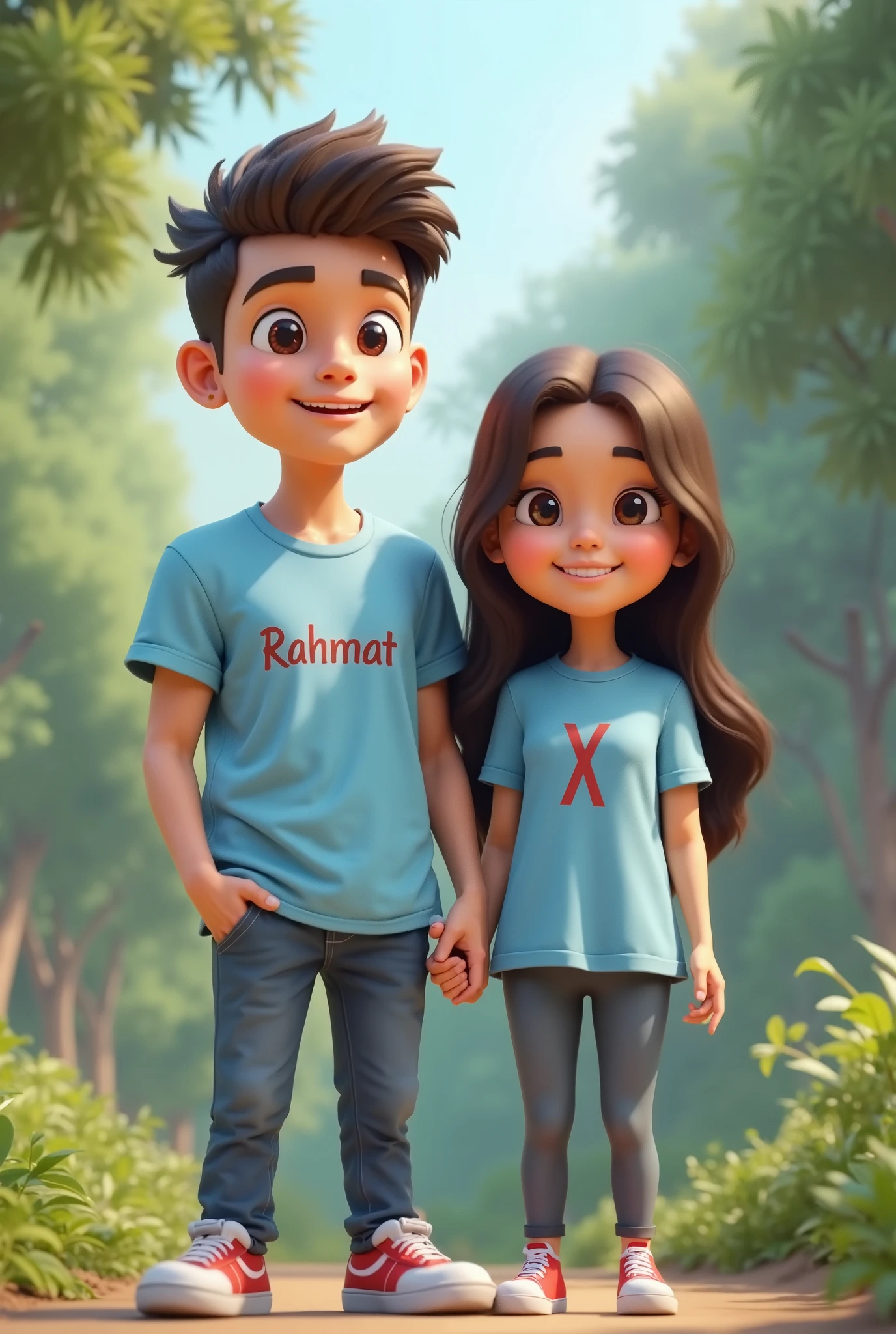  create an animated 3d illustration of a pair of Indonesian guys and girls standing with natural background, casual dress light blue t-shirt with name " Rahmat" on his guy's t-shirt and it says X "kirana
'on his chick t-shirt