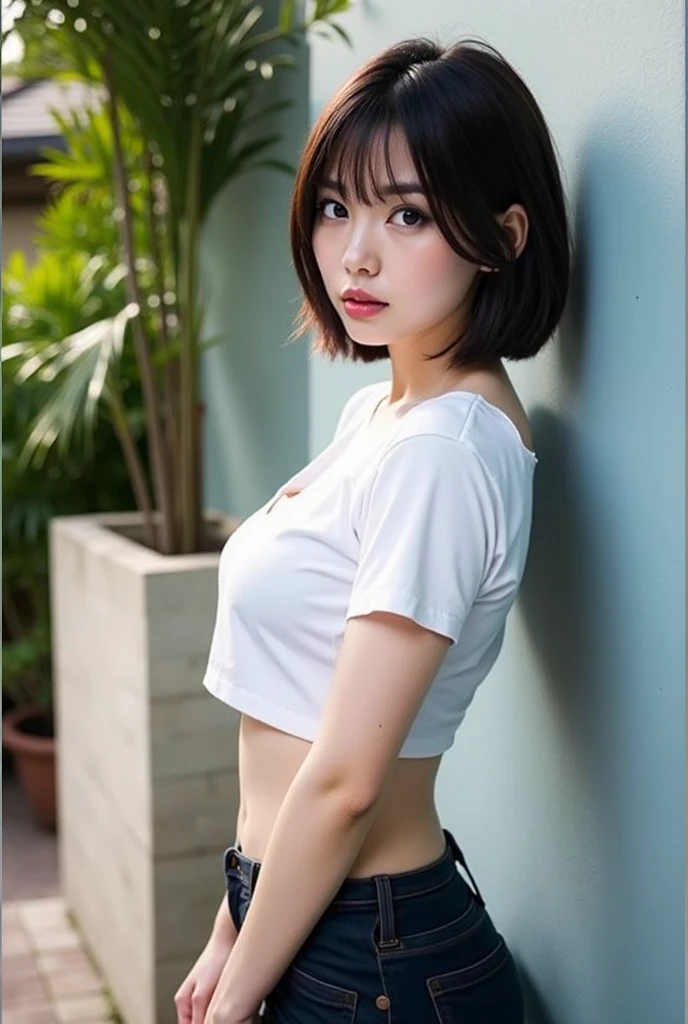 Beautiful schoolgirl、Medium bob hair、beautiful hair of light brown color、White short sleeve cut and sew、Denim shorts、ample breasts、Sheer nipples、glowing sun、blue-sky、​​clouds、Spring air、Photographed from below、low angles、Mare、