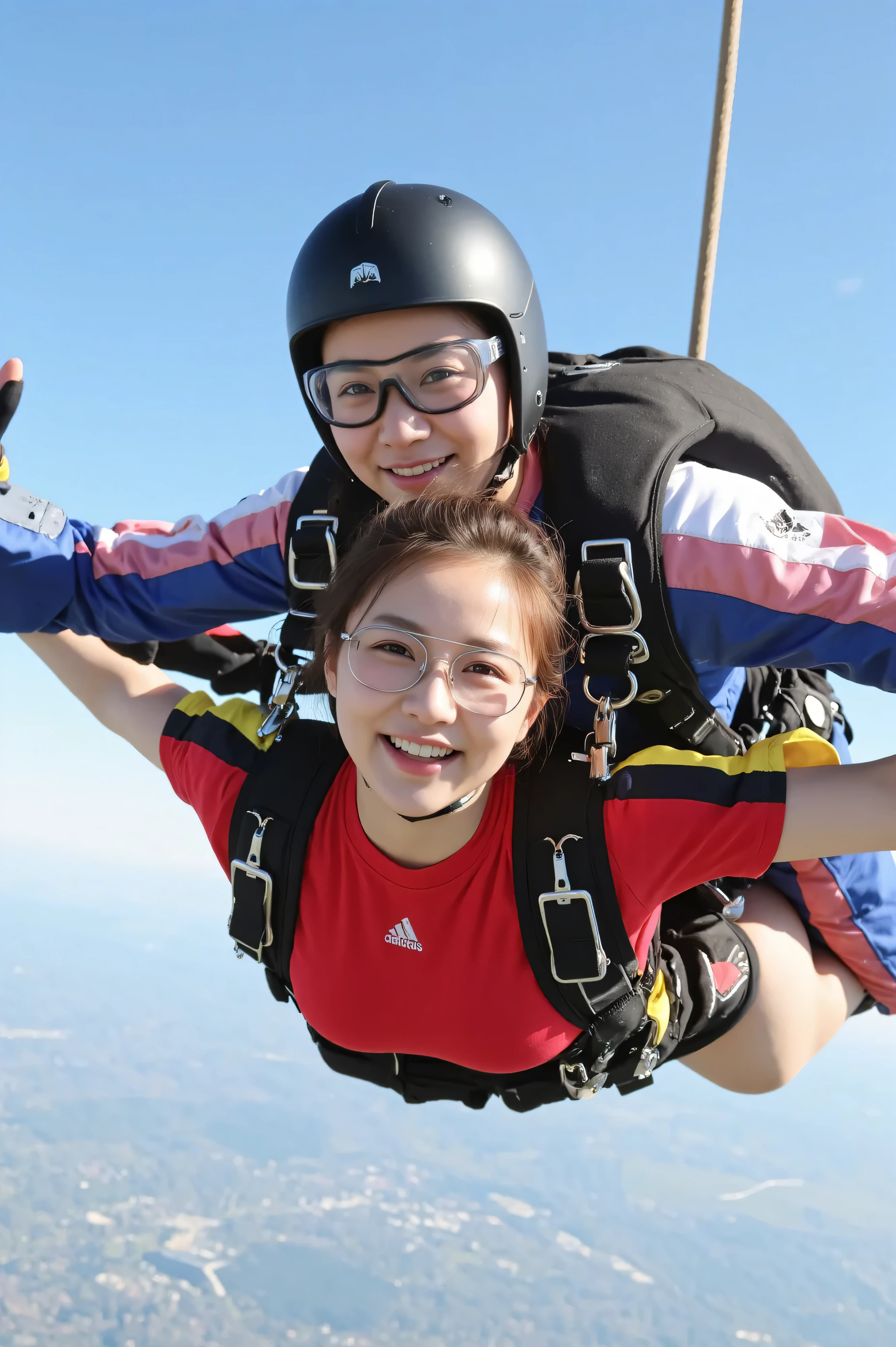 (( top quality)), ((傑 top quality、 masterpiece、high sensitivity、 high resolution、 detailed depiction of the entrance、 Delicate Face Description )) Slender Woman、glass、 Aerialの背景、In the sky、Aerial、is flying、Skydiving、Skydivingをしてる最中、With a happy smile、black glasses、Big Breasts、