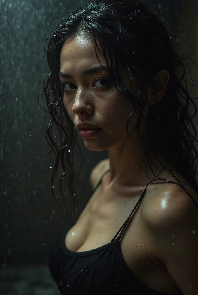 best quality, masterpiece, highres, ((1girl)), Beautiful face, photorealistic, 8k, UHD, long hair, ((beautiful arm tattoos)), muscular, ((toned abs)), sweat, Asian, female, dark skin, cleavage, (high detailed skin:1.2), 8k uhd, dslr, high quality, candid, Photograph, high resolution, 4k, 8k, looking at the camera, under the shower water, water falling on her shoulders, showering, hands in her hair, arched back, wet hair, very wet, action shot,