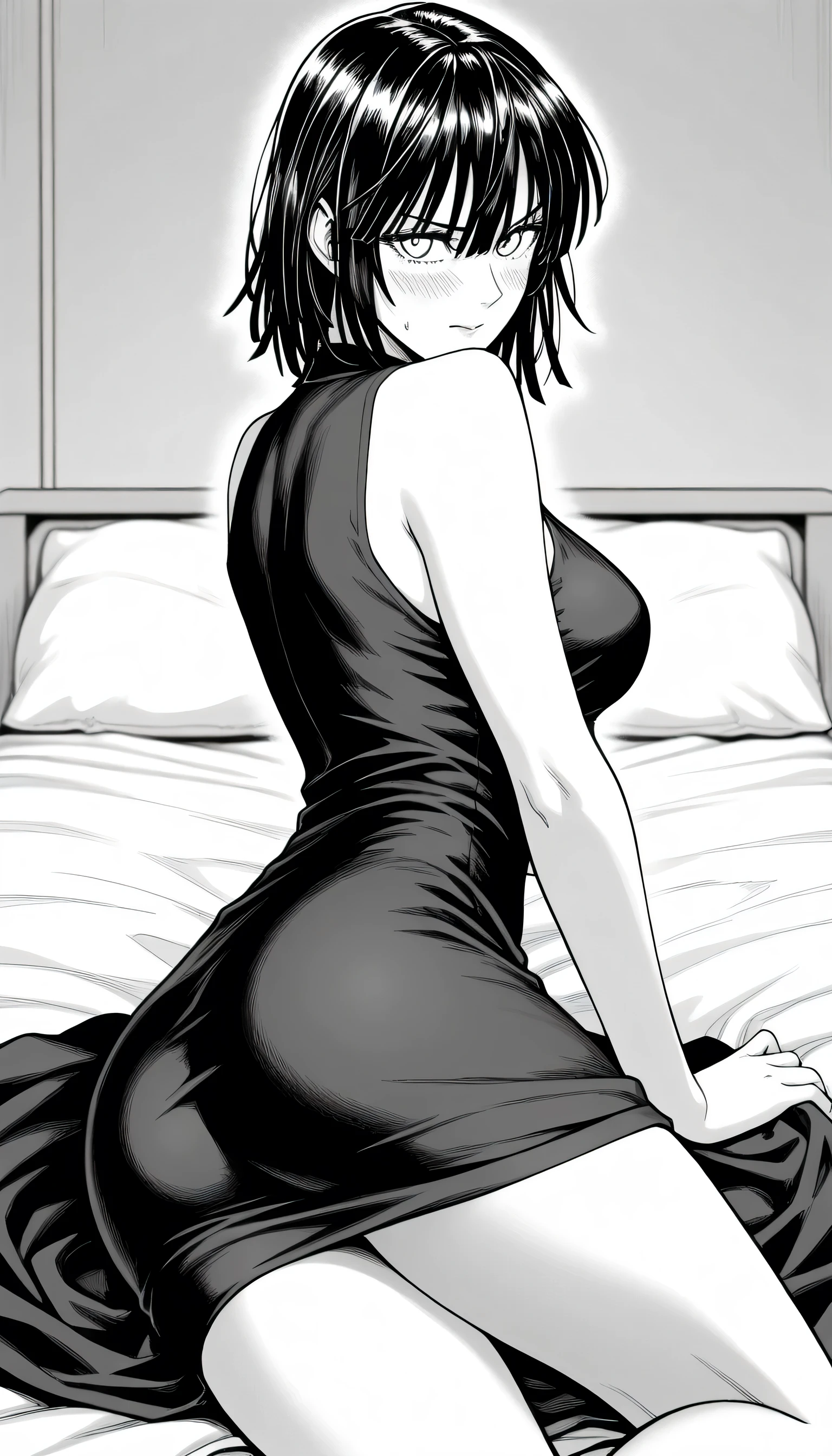 masterpiece, best quality, amazing quality, very aesthetic, intricate details, depth of field, BREAK.
monochrome, black and white, greyscale, screentones, halftone, ben-day dots, cross-hatching, hatching (texture), linear hatching, hatching \(art\),
lie on bed , , (aged up:1.5),
BREAK.
blush,
looking at viewer, embarrassed, ,
lie on stomach, lie on bed, contrapposto, ,
nufe ,BREAK.
fubuki (one-punch man), 1girl, solo, white eyes, black hair, short hair, bangs, hair between eyes, medium breasts, BREAK,black tall party dress sleeveless, legs show off,ass,beautiful ass