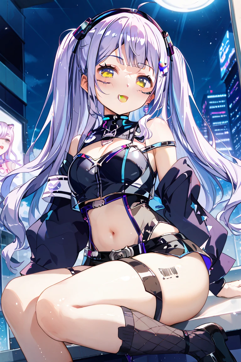 (masutepiece), Best Quality, 超A high resolution,, Cyberpunk 1 girl flies over stunning cityscapes ,Hoodie,Blue hair, neon color流れ星, Very long hair, off shoulders, feathers hair ornament, neon color, flashes, stunning night sky, Cinematic lighting, Photorealistic, Realistic skin, Fisheye, (32k), smile,