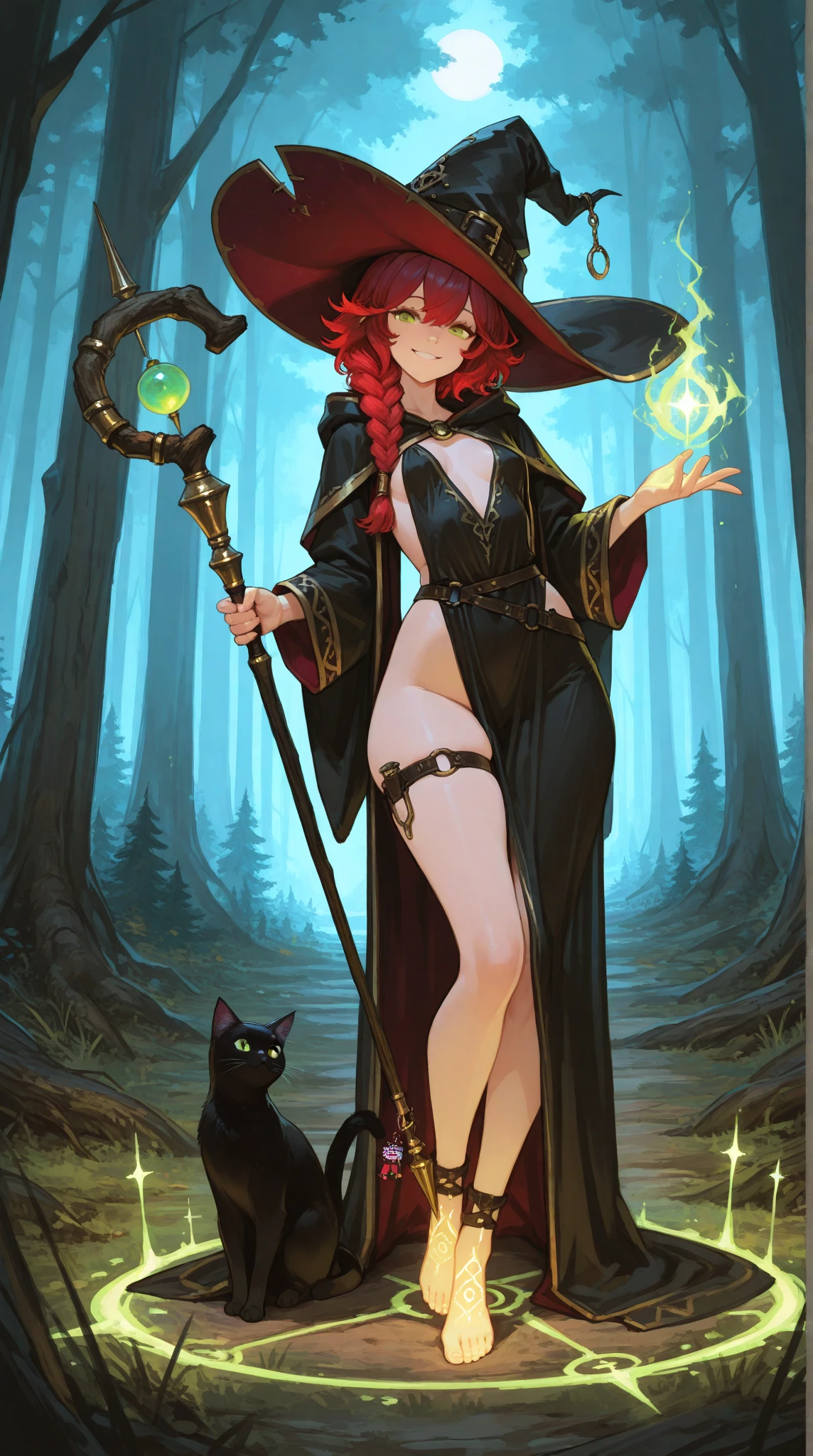 (best quality,4k,8k,highres,masterpiece:1.2),ultra-detailed,realistic, sensualizing Sarada as a witch, half-naked, with a great butt and large thighs, small breasts under the chest, dressed provocatively in a seductive manner, with a magical atmosphere and an enchanted background, vibrant colors and dramatic lighting, witchcraft aesthetic, dark magic vibes, spellbinding poses, bewitching eyes and red lips, alluring gaze, flowing black hair, sultry expression, seductive witch attire, a black pointed hat, a revealing dress that highlights her curves, thigh-high boots, a broomstick in her hand, casting a spell with glowing magical symbols in the air, surrounded by mystical fog and colorful sparks, a cauldron filled with potion and bubbling with magic, a full moon illuminating the night sky, creating an eerie ambiance, a mysterious enchanted forest in the background, with twisted trees and glowing mushrooms, a crow perched on a branch, overlooking the scene, a touch of gothic aesthetic, creating an enchanting and seductive atmosphere for the viewer.