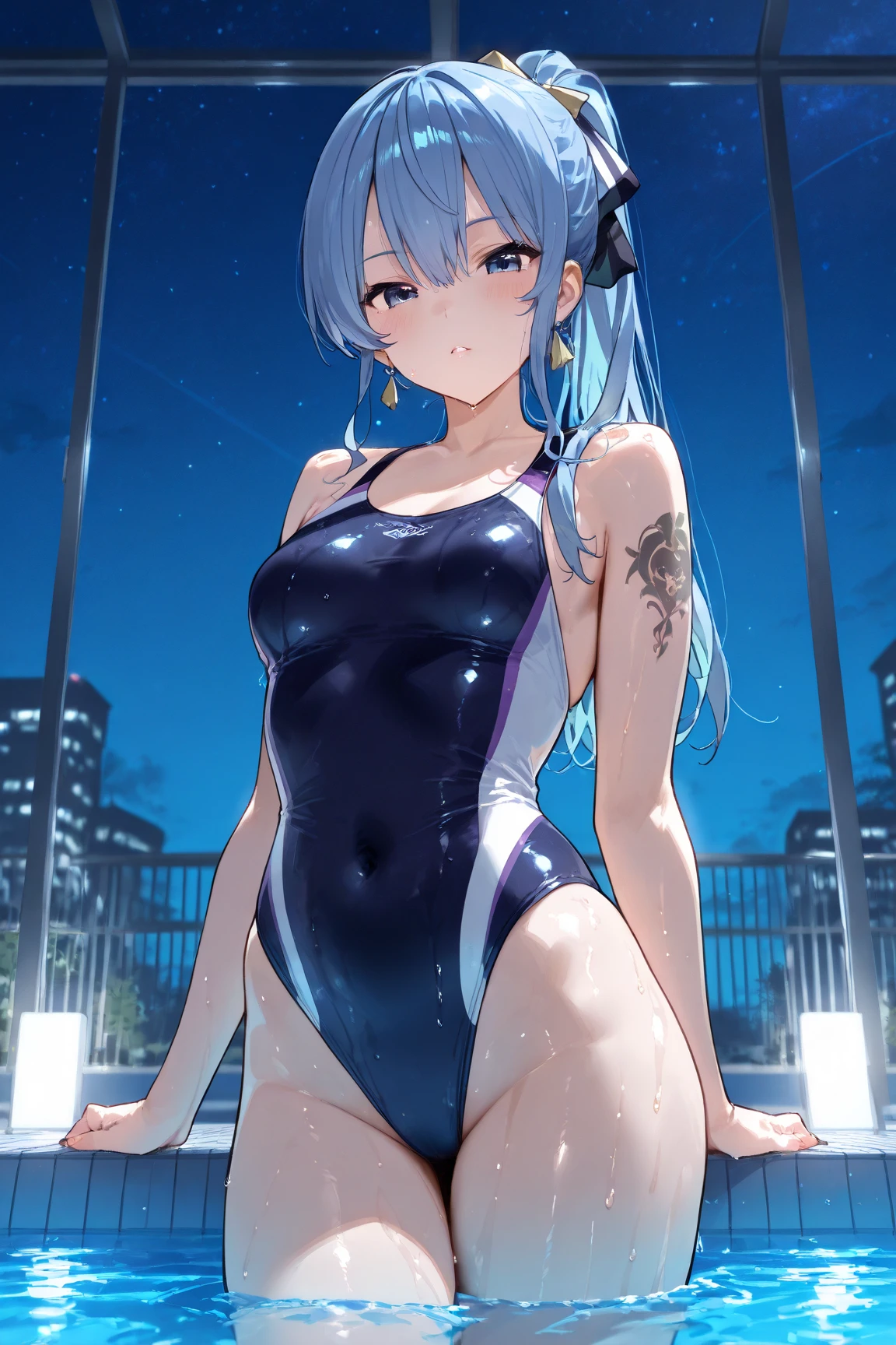 poor, short hair, x Hair accessories, Hair Ribbon, Hair on one eye, Large Breasts, Cleavage, (Low length:1.1),Cowboy Shot,(Wet Skin)
break
(software), Please place your hand on your chest, head tilt
break
little smile, Happy, (blush), (shut up.)
break
official art, masterpiece, Highest quality, Highest Resolution, 8k, Most detailed, perfect anatomy
break
Wild West, Western Towns, Dust, Night Sky, Highly detailed CG Unity 16K, Very beautiful 16K CG wallpaper,(competition swimsuit)