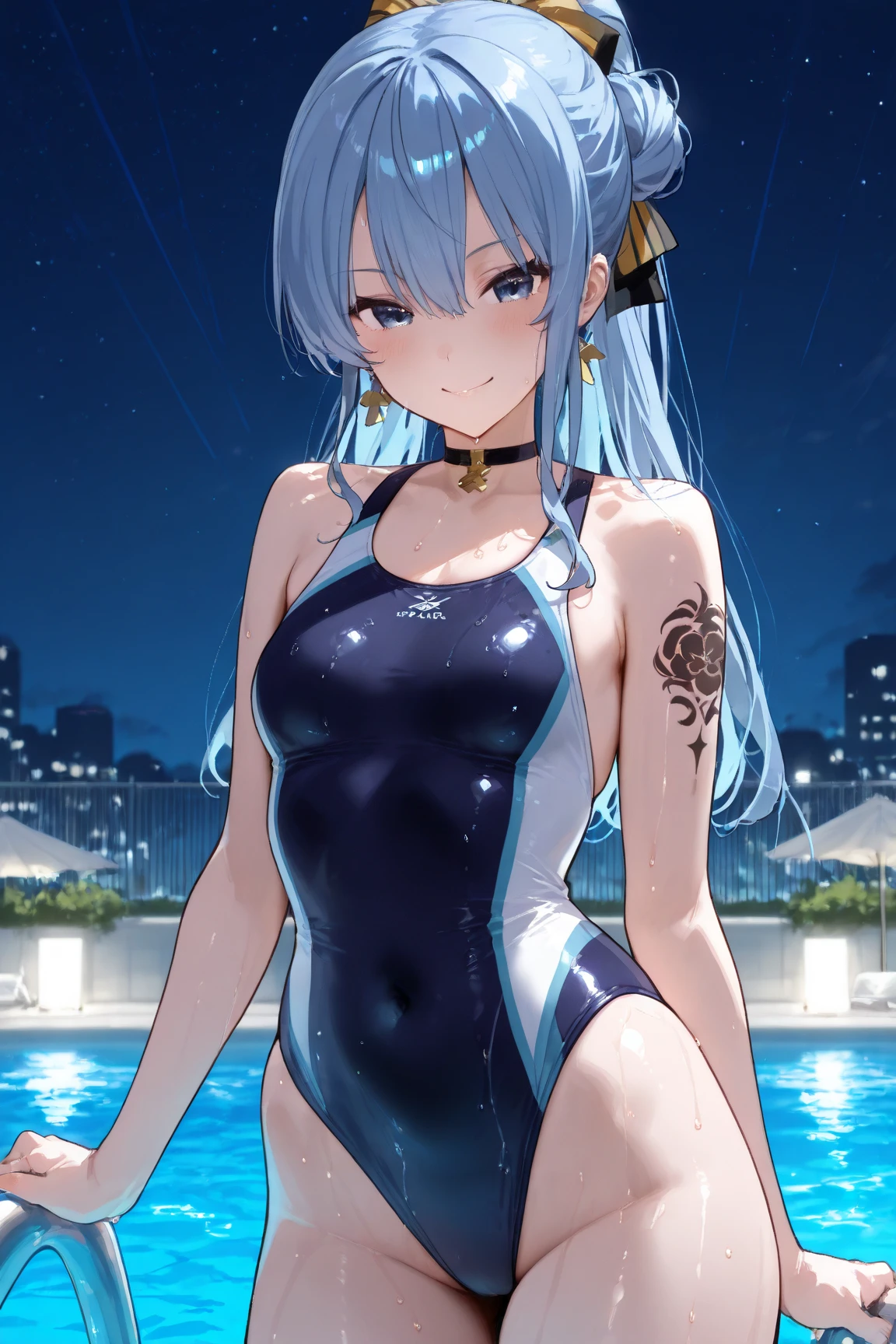 Highest quality、High resolution、Detailed Background、(Beautiful face in every detail:1.4)、Anatomically correct、(Detailed facial expressions)、(Detailed eyes:1.2)、(Detailed eyes:1.2)、Teenage beauty、(Highly detailed face:1.4)、Brightly colored hair、Braided long hair、Wavy Hairstyle、well-groomed eyebrows、Water play spot、(one girls in holographic laser swimsuits playing in the pool at night:1.5, show pussy, bottomless, underwear on leg)、Floating on the water, splashing、Poolside, excited expression、cute, embarrassed