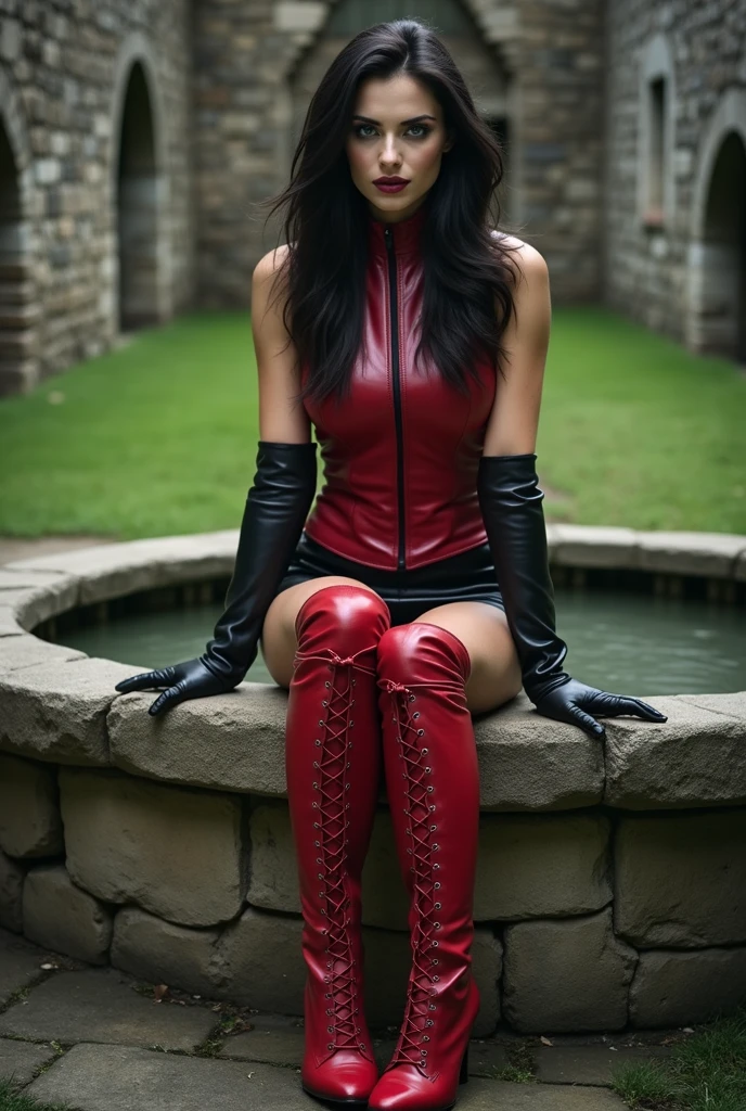 woman in a red leather jacket and skirt standing in the water, wet look, she is wearing a wet coat, on a wet london street, pretty girl standing in the rain, dressed as schoolgirl, wearing jacket and skirt, wearing atsuko kudo latex outfit, soaked, wet streets, wearing red jacket, grin, shirt and tie, soaked, drenched, wet clothes, dripping wet, dripping oil, wet hair