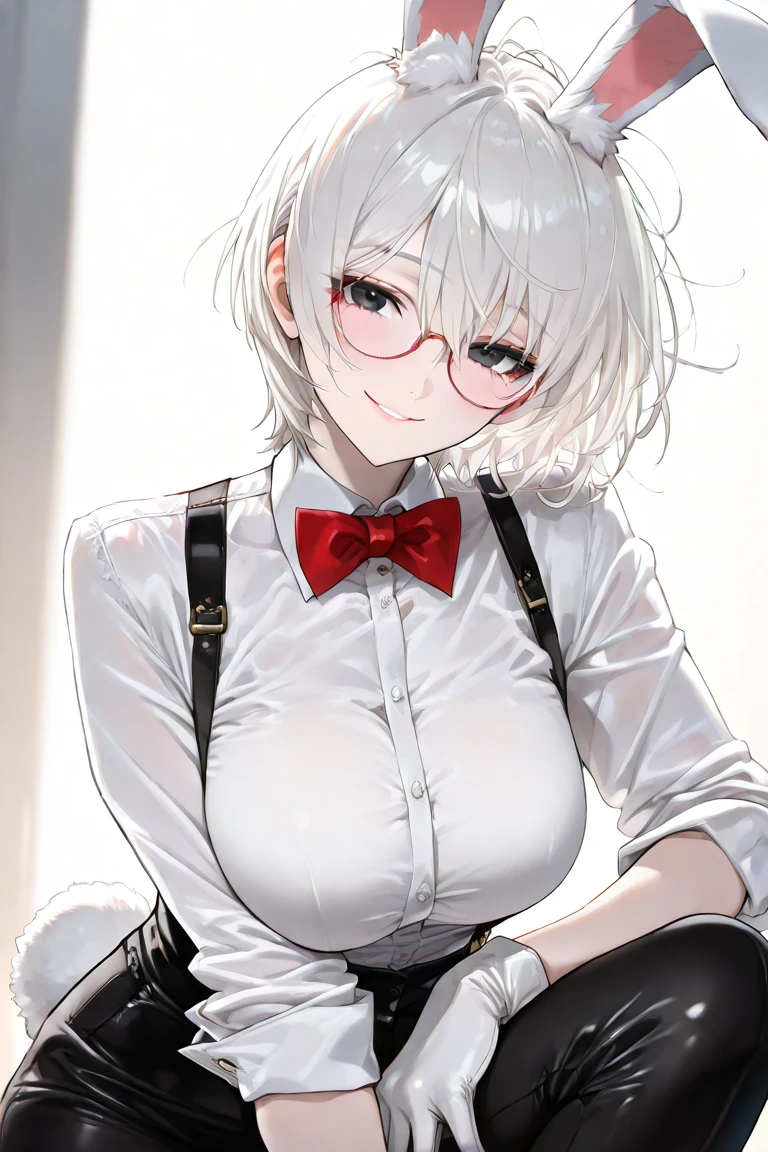 ((extreme detail)),(ultra-detailed), extremely detailed CG unity 8k wallpaper, best quality, absurdities, alone, purah_totk, short white hair, hair stick, black office jacket with white collared button blouse, red glasses, black leather pants, blush, looking at viewer, hands on breasts, showing off her breasts to the viewer, smiling, cleavage