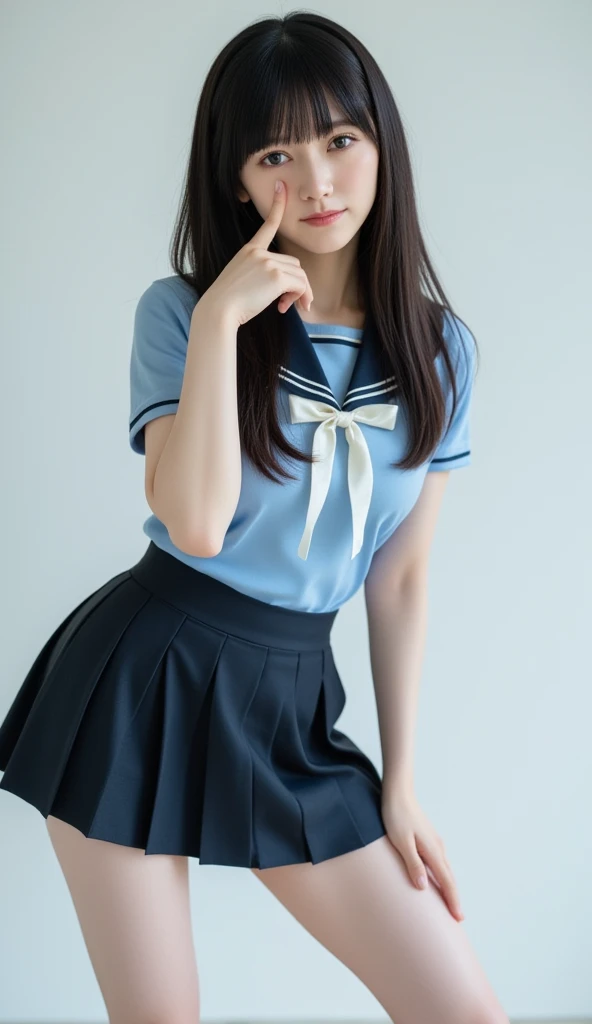 beautiful girl､Idol､high school girl､See-through､Light blue mini skirt､stockings､sit