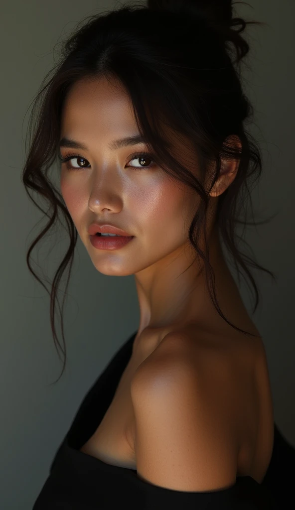 Create a realistic image of a woman with well-groomed eyebrows at https://image.cdn2.seaart.AI big breasts/2024-08-25/cr5qvrde878c739o6gcg/8aa06b21a93652aaf75b3b69fb888818_high.webp brown tone, the woman has to have a striking and seductive look . With oriental characteristics, small lips and elongated eyes, Brazilian colored skin