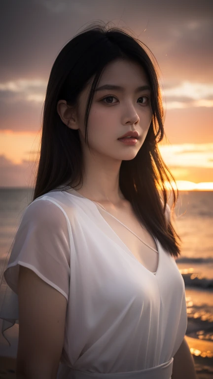 Hair blowing in the wind、Wet Skin、Wet Hair、Wet clothes、Sea at dusk,A woman with a cute face like a Japanese idol, , (Cleavage), (Cinema Lighting),(Natural light),(High level of artistry),(artistic),(Indistinguishable quality from the real thing),{{RAW Photos}},{{Genuine}},High resolution,masterpiece, beautiful, Handsome Tomboy, Looks like a salon model, ((Cool face)), Neutral facial features,