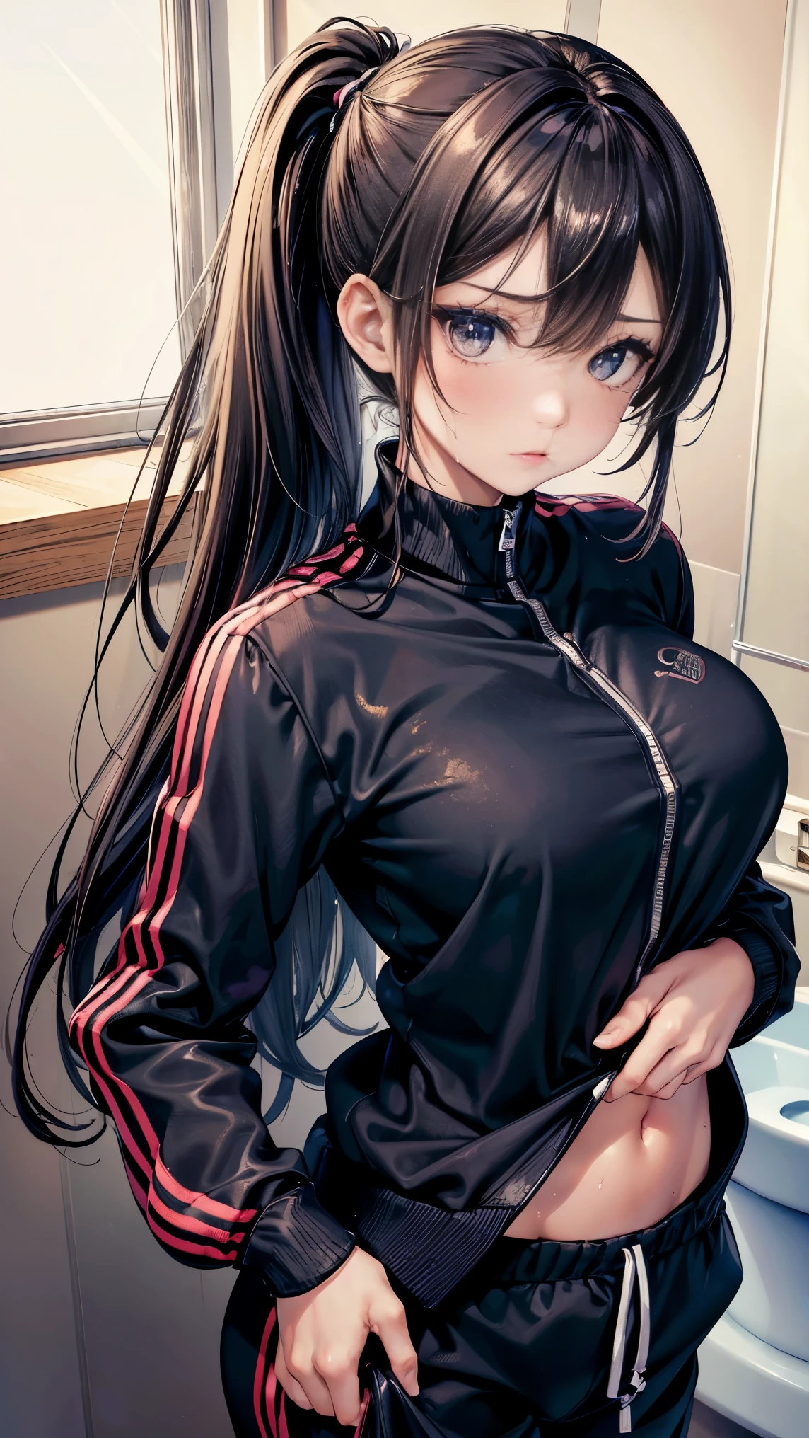 locker room,track suit,(Thin type:1.5),(large breasts),(random hairstyle),(Highest image quality,(8K), Ultra-realistic, Best Quality, High quality, High Definition, high quality texture, high detailing, Beautiful detailed, fine detailed, extremely details CG, Detailed texture, realistic representation of face, masterpiece, presence)