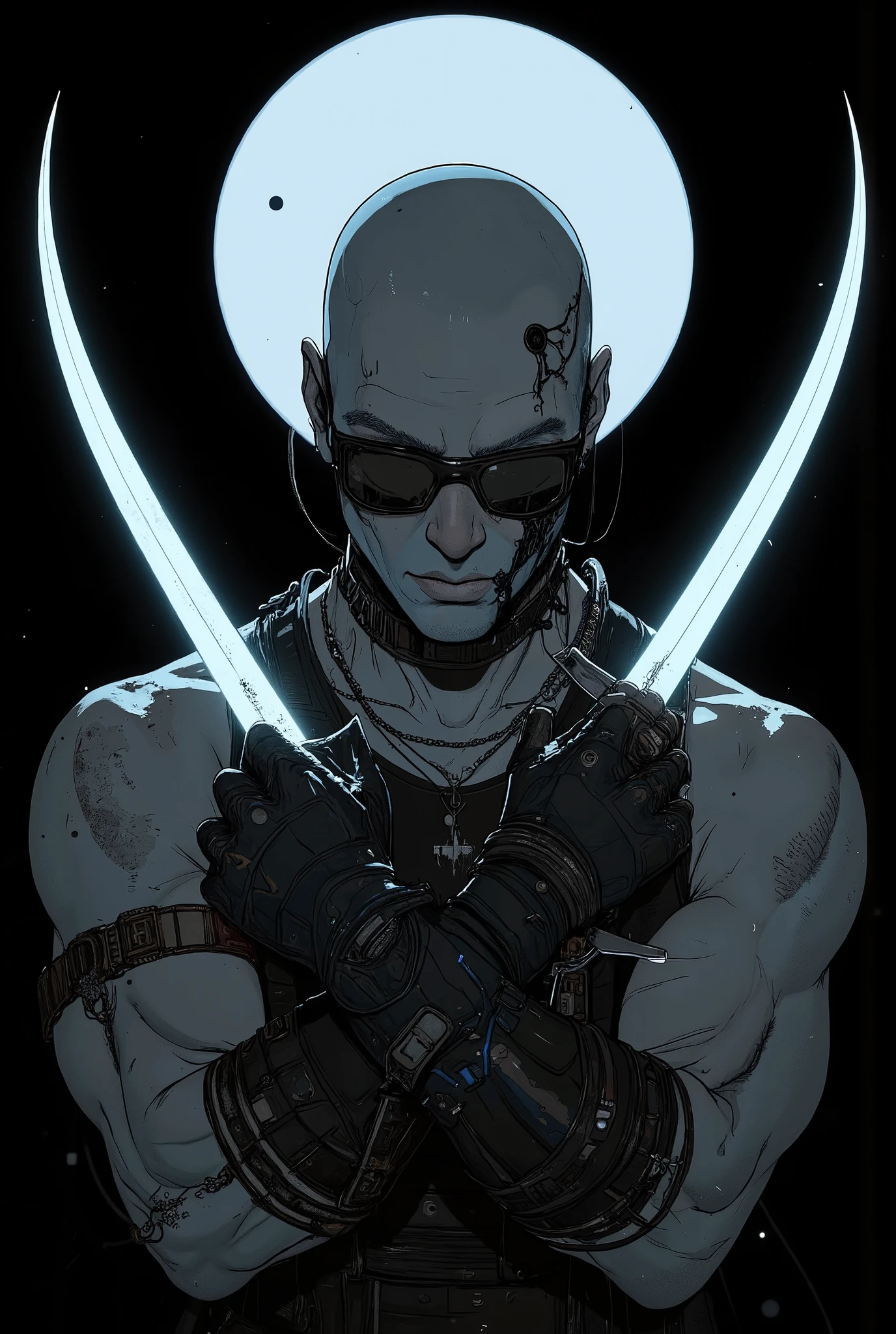 film lighting, atmospheric lights, ultra detailed, bloom, dramatic atmosphere, centered, rule of thirds, f/1.4, 6 mm, high angle photo,a bald adult male ,upper body, Movie cover ,tank top,muscular,in front , looking down,black sunglasses,a dagger in each hand,arms crossed in the shape of an x,broken leather gloves, monochrome,grayscale, black on the background ,Blue filter,double curved dagger,opaque glasses,hard type,chains, two killer daggers ,reverse grip,opaque matte glasses, small glasses ,alien planet