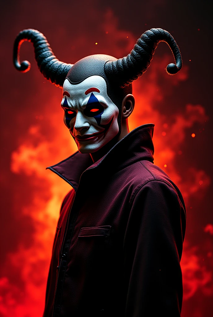 A red and black jester in a white minimalist mask with two red cuts on his eyes and an open mouth smiling, posing with your arms slightly up