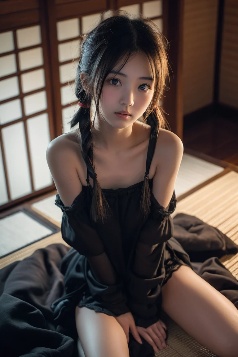 (Photorealistic:1.8, Highest quality:1.8,8K masterpiece:1.8,High resolution,Mastepiece:1.8,RAW Photos,Cinematic lighting)、Crescent moon background shining in the night sky、A beautiful girl with full body tattoos、
Dark Brown Hair、Light brown eyes、D cup size breasts、(Long Hair、Updo Style、Updo、Hair Bun)、A look of deep sadness、(Highly detailed beautiful face)、(A super mini kimono with a beautiful and cute orchid-style floral pattern:1.5、choker)、(Shoulders bare:1.3)、Beautiful fair skin、Sit down、Open your mouth a little、Weakness Pose、Obscene random poses、Japanese Kimono、barefoot、Black Pink Jenny's pause