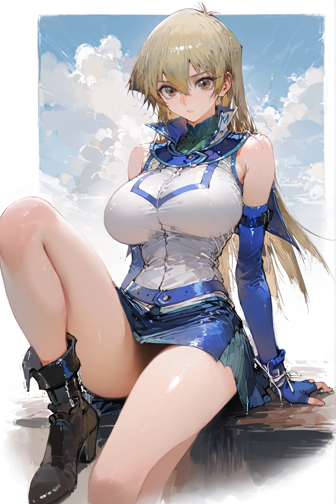 masterpiece, best quality, high quality, detailed, ultra detailed, hyper detailed, insanely detailed, exquisite, beautiful, FHD, Full-HD, 4K, 8K, 16K, highres, absurdres, One Girl ,(((asuka tenjouin))), blonde hair, brown eyes, hair between eyes, long hair, straight hair, huge breasts , blue footwear, blue gloves, blue skirt, boots, duel academy uniform (yu-gi-oh! gx), elbow gloves, fingerless gloves, gloves, jacket, miniskirt, skirt, sleeveless, sleeveless jacket, sleeveless shirt, white jacket , (((concept art))) ,(((solo)))