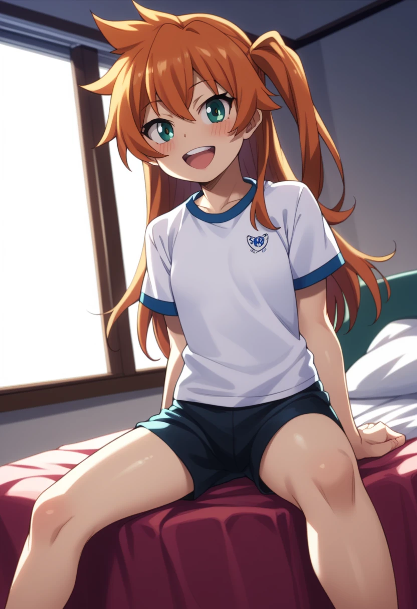 room, 1 Girl, Highest quality, Ultra-high resolution, Long Hair, Redhead, Green Eyes,Looking at the audience, Small breasts , smile, Open your mouth、Cowboy Shot、(Navy blue cuffs and white short-sleeved gym uniform)、(Navy Blue Bloomers)、(
barefoot)、Navy blue socks、(((Lie down in bed)))
