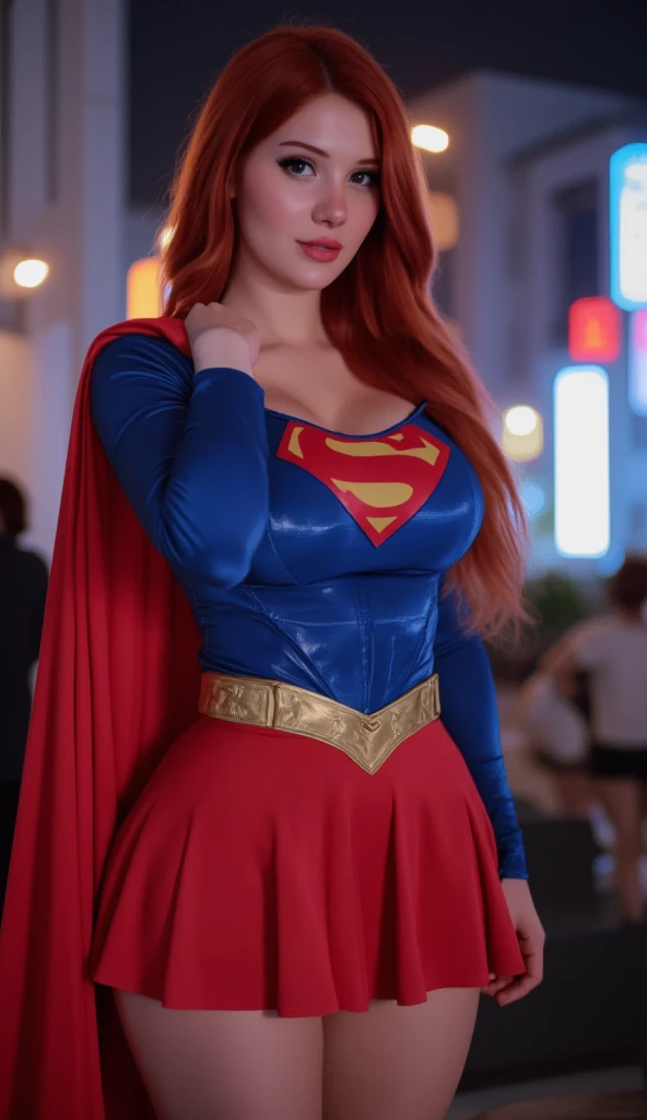 8K, Ultra HD, Super details, high quality, High resolution. The heroine Scarlet Witch looks beautiful in a full-length photo, her body is sculptural, her long wavy red hair shines in perfect combination with her white skin, her bright blue eyes mesmerize everyone. She is wearing her heroine costume which consists of a red corset with red cape, red skirt and red boots. She also wears a red tiara. She is very sexy, drawing attention to her big breasts and thick legs. She is in an enchanting forest under the moonlight.