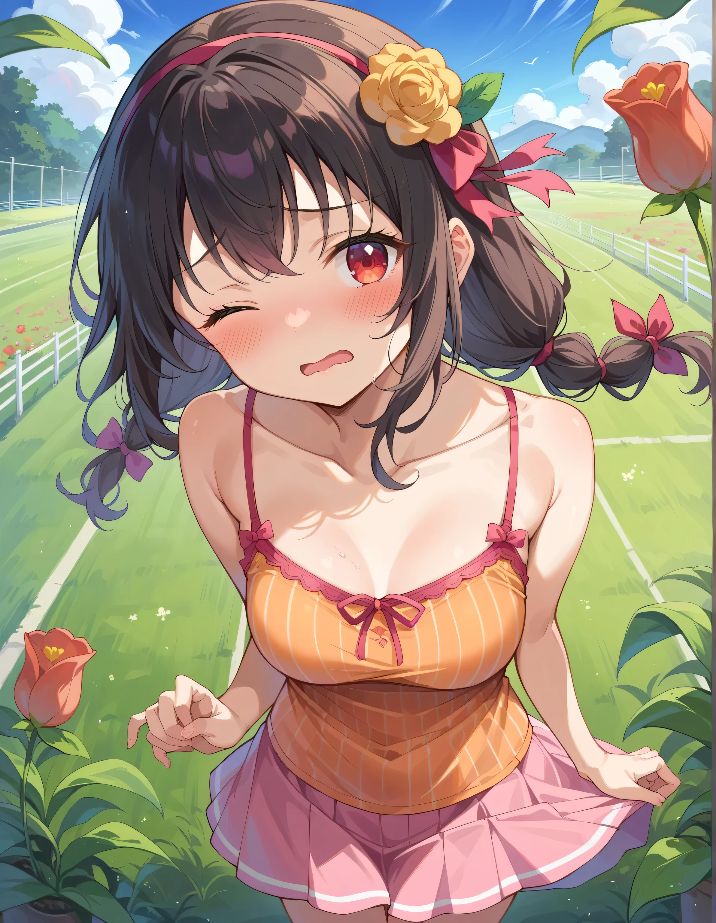 high image quality,high quality、
Yunyun、 (One person)、black hair with a young pattern, hair accessories, red eyes, (transparent orange camisole)、See viewer、(blush:1.2),blue sky、(embarrassed look)、opens its mouth and laughs、noon、one eye closed、pink skirt、(view from above)、(tulip field:1.2)