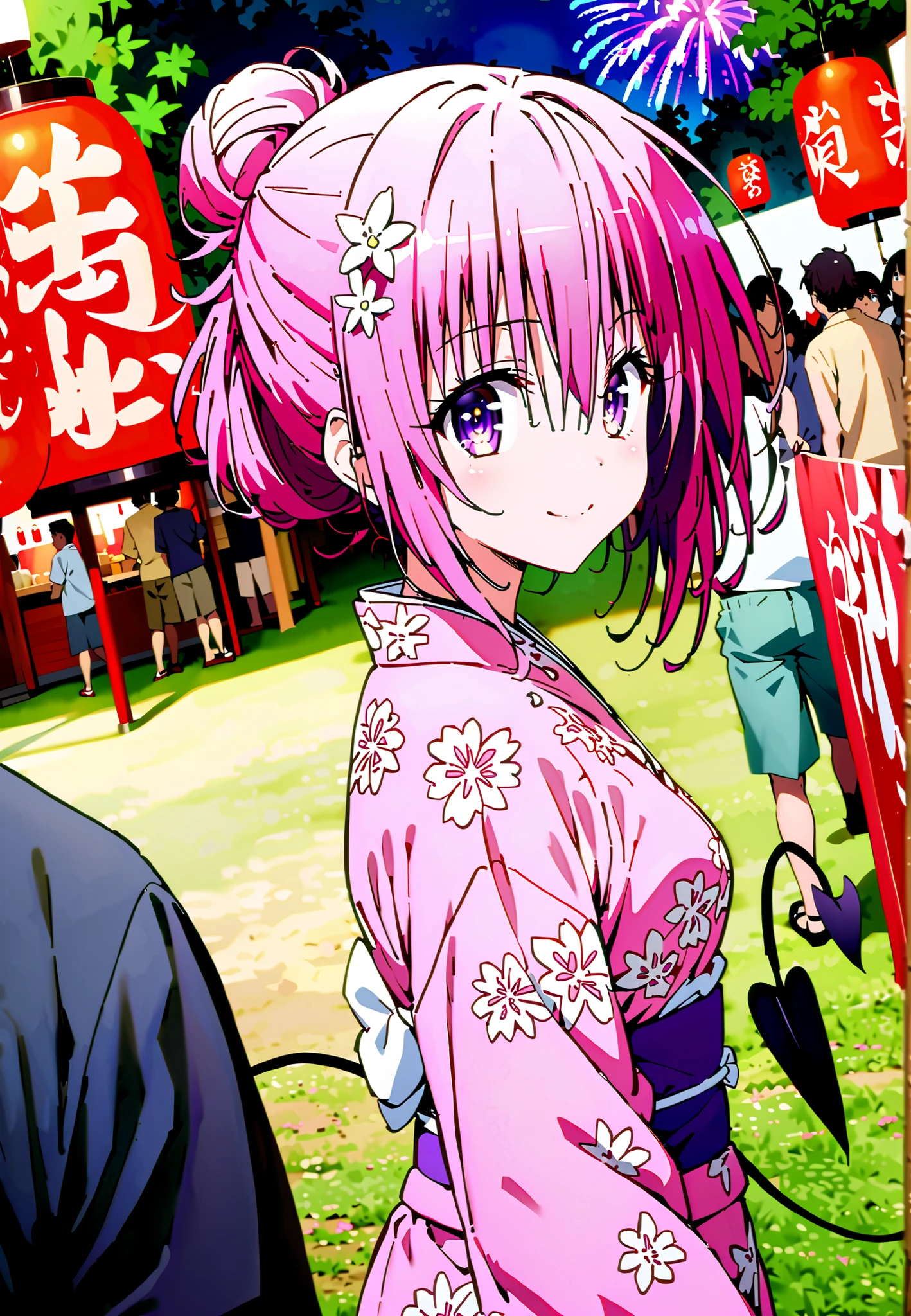 Momo Devil, Momo Deviluke, solo,Demon Tail, hair flower, hair ornament, purple eyes, Picnic, smile,cover,close your mouth,side lock,single bun hair,Nape,Medium breast,Pink floral kimono,standing,Red Lantern,Japanese stalls ,Light up fireworks,night,crowd,full bodyがillustrationsに入るように,break outdoors, Japanese Festival,
break looking at viewer,full body,
break (masterpiece:1.2), Best Quality, high resolution, Unity 8k 壁紙, (illustrations:0.8), (beautiful detailed eyes:1.6), extremely detailed face, so that it fits into the illustration, Extremely Detailed CG, (perfect hand, Perfect Anatomy),