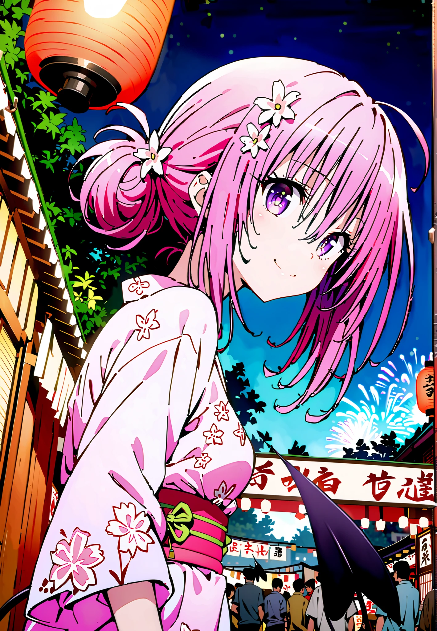 Momo Devil, Momo Deviluke, solo,Demon Tail, hair flower, hair ornament, purple eyes, Picnic, smile,cover,close your mouth,side lock,single bun hair,Nape,Medium breast,Pink floral kimono,standing,Red Lantern,Japanese stalls ,Light up fireworks,night,crowd,full bodyがillustrationsに入るように,break outdoors, Japanese Festival,
break looking at viewer,full body,
break (masterpiece:1.2), Best Quality, high resolution, Unity 8k 壁紙, (illustrations:0.8), (beautiful detailed eyes:1.6), extremely detailed face, so that it fits into the illustration, Extremely Detailed CG, (perfect hand, Perfect Anatomy),