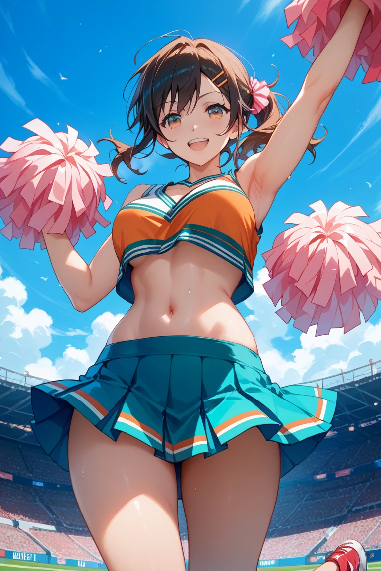 highest quality、High resolution、detailed background、cute 、brown hair、bob cut、ponytail、(huge breasts:1.2)、perfect body line、big ass、vast sky、jump and fly in the sky、(Cheerleader、I'We're rooting for you、sexy cheer costume)、(pom pom:1.2)、White floral embroidered panties、White floral embroidered bra、emphasize the underboob、I can see the underboob、angle from below、
See here、open your mouth and smile、smile、healthy、healthyふともも、Healthy and beautiful、legs open、panty shot