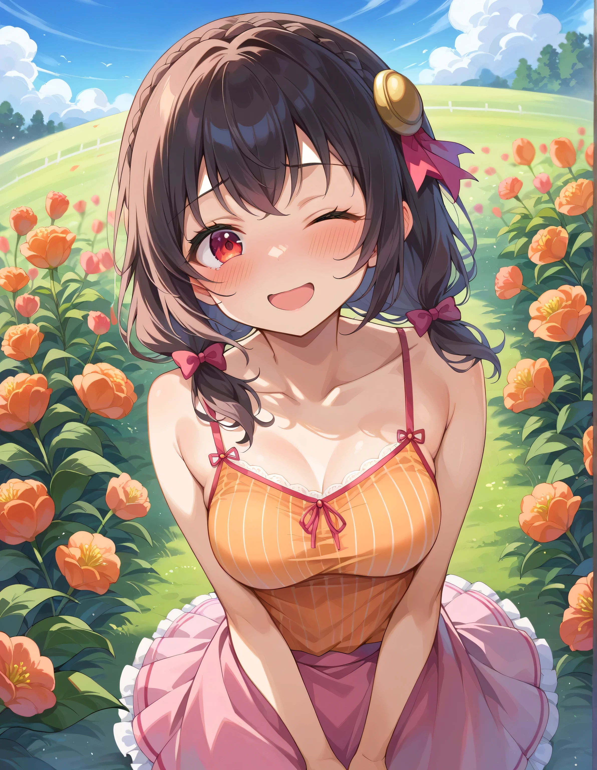 nsfw,Hands behind your back,small tits,flat breast,A-cup,Bare breasts,Revealing clothes,teats,flowers in background,Top image quality,Masterpiece,Best Quality