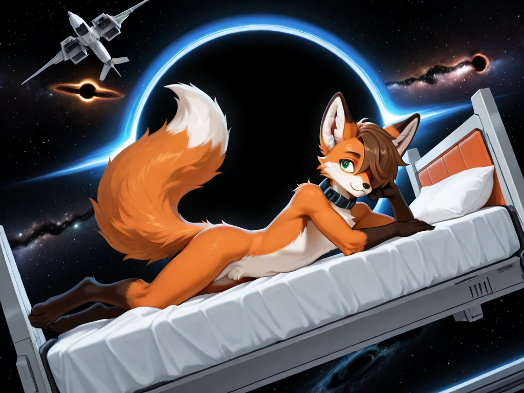 solo, female, sergal, young, small breasts, thin body, black white fur, legs spread, science fiction, space ship, laying on bed, lewd face, vagina spread, blushing face, masterpiece, high quality,