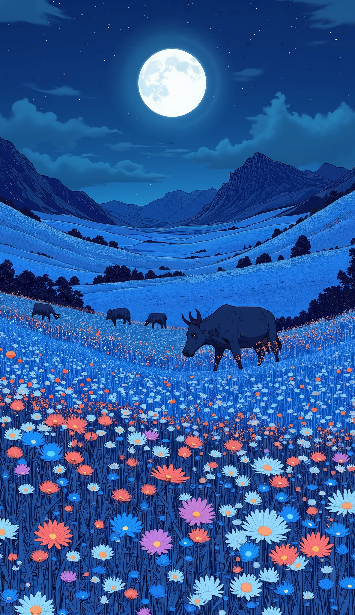 there is a painting of a Flower Field with mountains in the background, Flower Field at night, field of flowers, mythical flower hill , blue field of flowers, herd of cows on the background, by Haku Maki, Flower Field, Field flowers, Flower Field, an aesthetic Flower Field, Pasture, Inspired by Kawase Hasui, Flower Field background